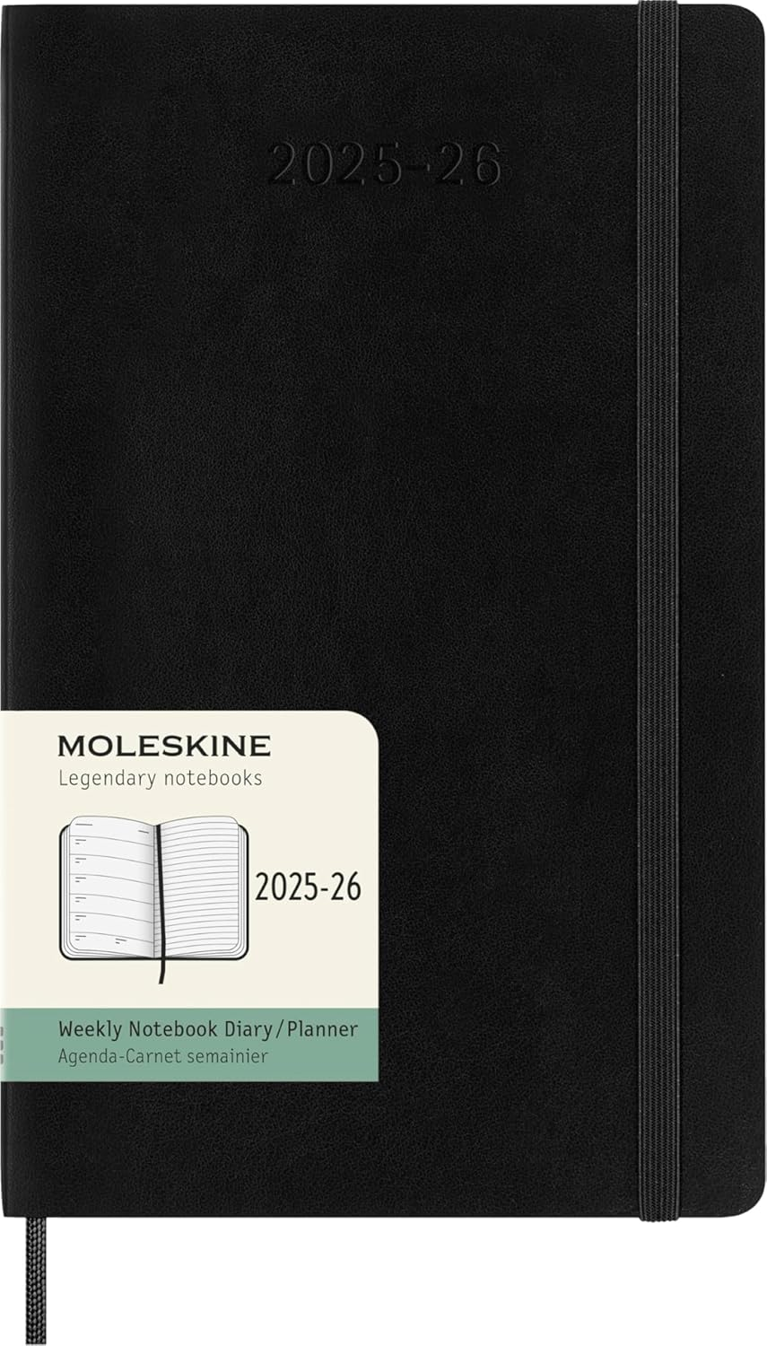 Moleskine 18 Monate Wochenkalender 2025/2026, XL, 1 Wo = 1 Seite, Rechts Linierte Seite, Weicher Einband, Schwarz