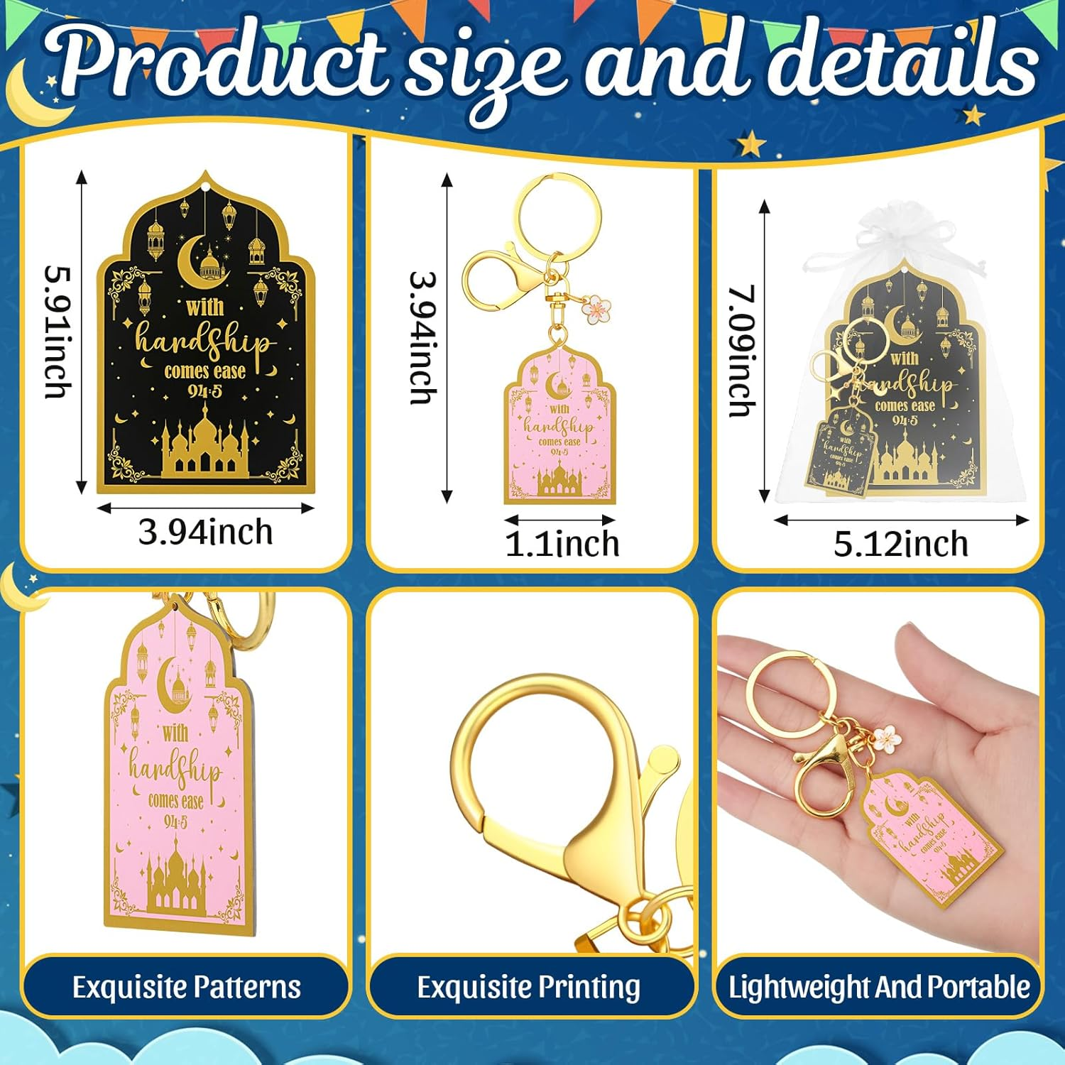 Tondiamo 6 Set Quran Keychains Gifts Bulk Islamic Mental Keychains with Cards Pink Black Muslim Key Holder for Women Men Gold Ramadan Accessories Islamic Hanging Key-Ring Gift for Purse Handbag Pocket image number 1