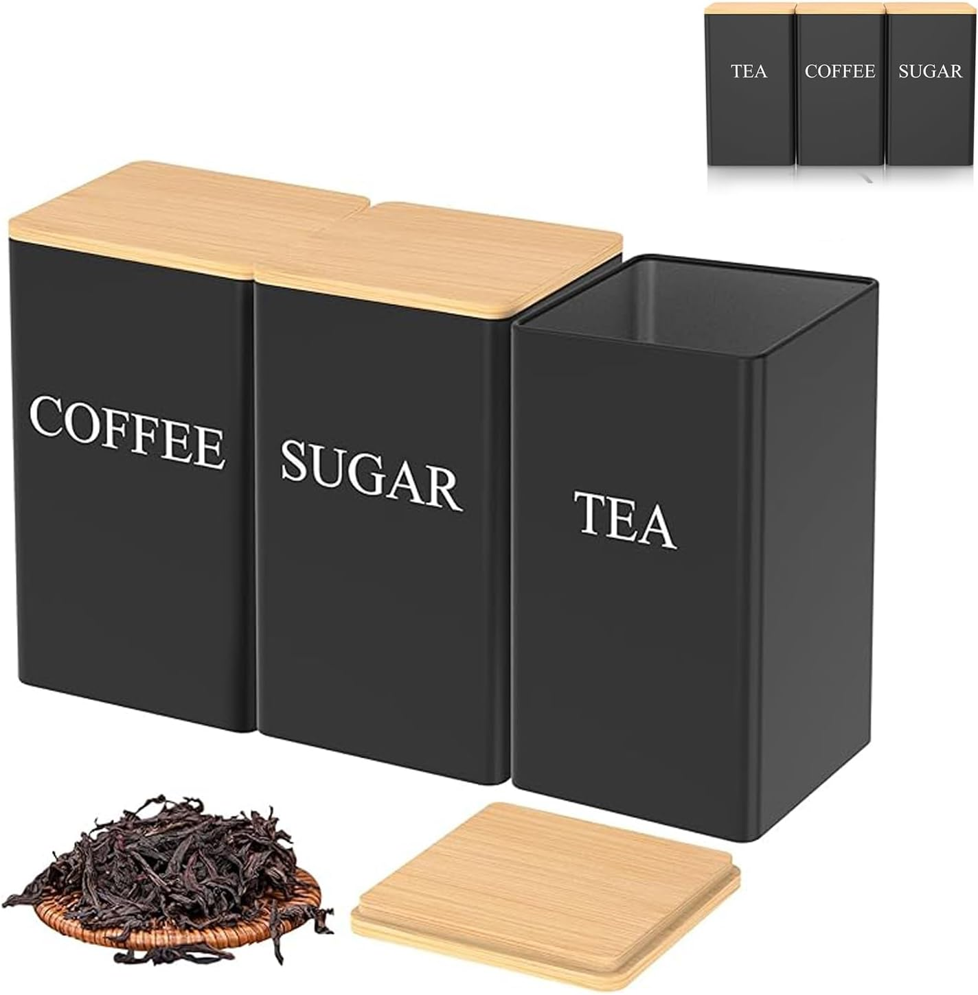 3 Pcs Coffee Tea Sugar Container Set, 1000 Ml Vintage Kitchen Canister Set with Bamboo Lids, Metal Food Storage Container Jars for Kitchen Counter, Farmhouse Kitchen Decor (Black) image number 1