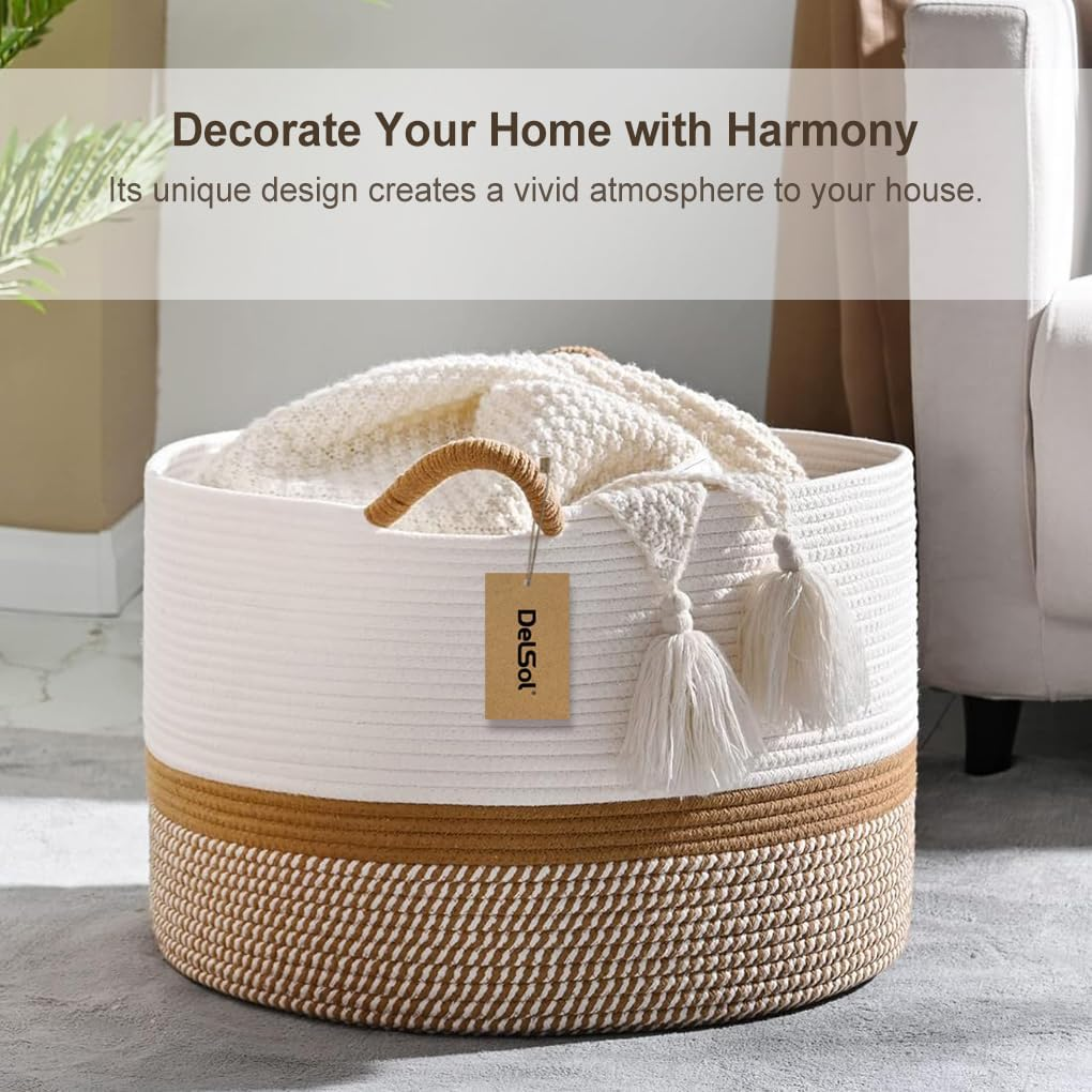 Delsol Large Blanket Basket Woven Wicker Nursery Cotton Rope Baskets for Storage Pillows Clothes Toy Organizer Hamper with Handle (Camel & White) image number 1