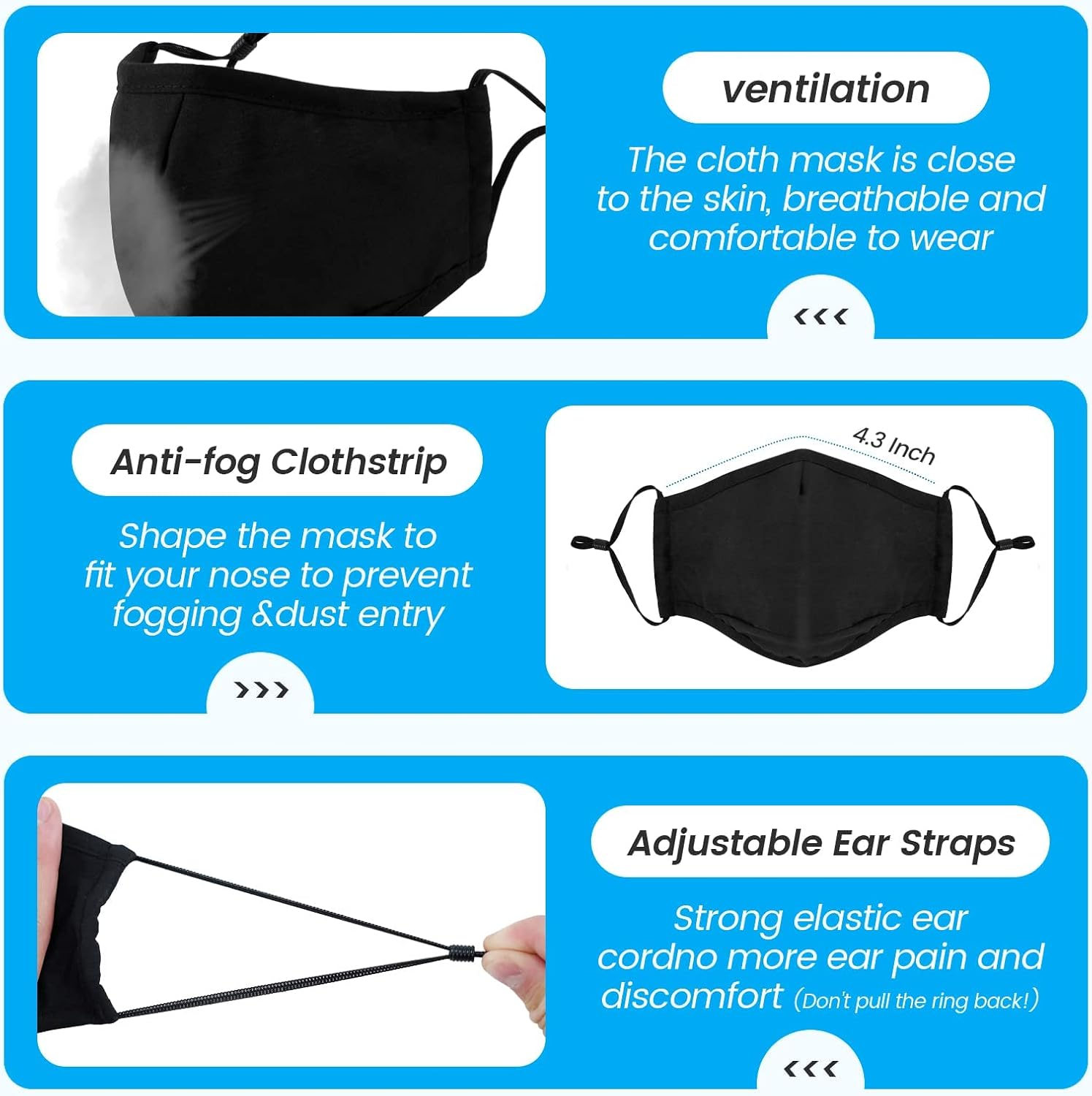 3-Ply Cloth Face Mask 6 Pack,Washable, Reusable and Breathable Face Covering with Adjustable Ear Protection Loops for Women and Men image number 1