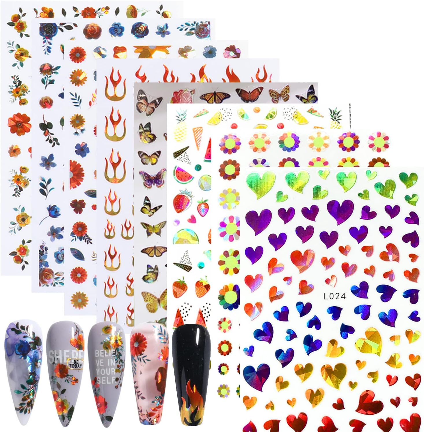Laser Glitter Nail Art Stickers, 3D Self-Adhesive Nail Decals Design, Holographic Flowers Flame Heart Fruit Butterfly Nail Art Decoration for Women Girls Manicure Charms DIY Nails Supplies (8 Sheets) image number 5
