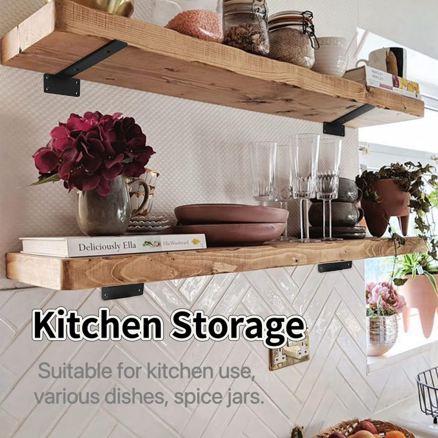 Shelf Bracket, 6 Pack 8 Inch Long L-Shaped Floating Shelf Bracket, Heavy Duty Shelf Bracket, 1/5-Inch Thick Metal Wall Shelf, 160 Lb Weight Capacity, Wood Shelf Support DIY Bracket (Matte Black) image number 5