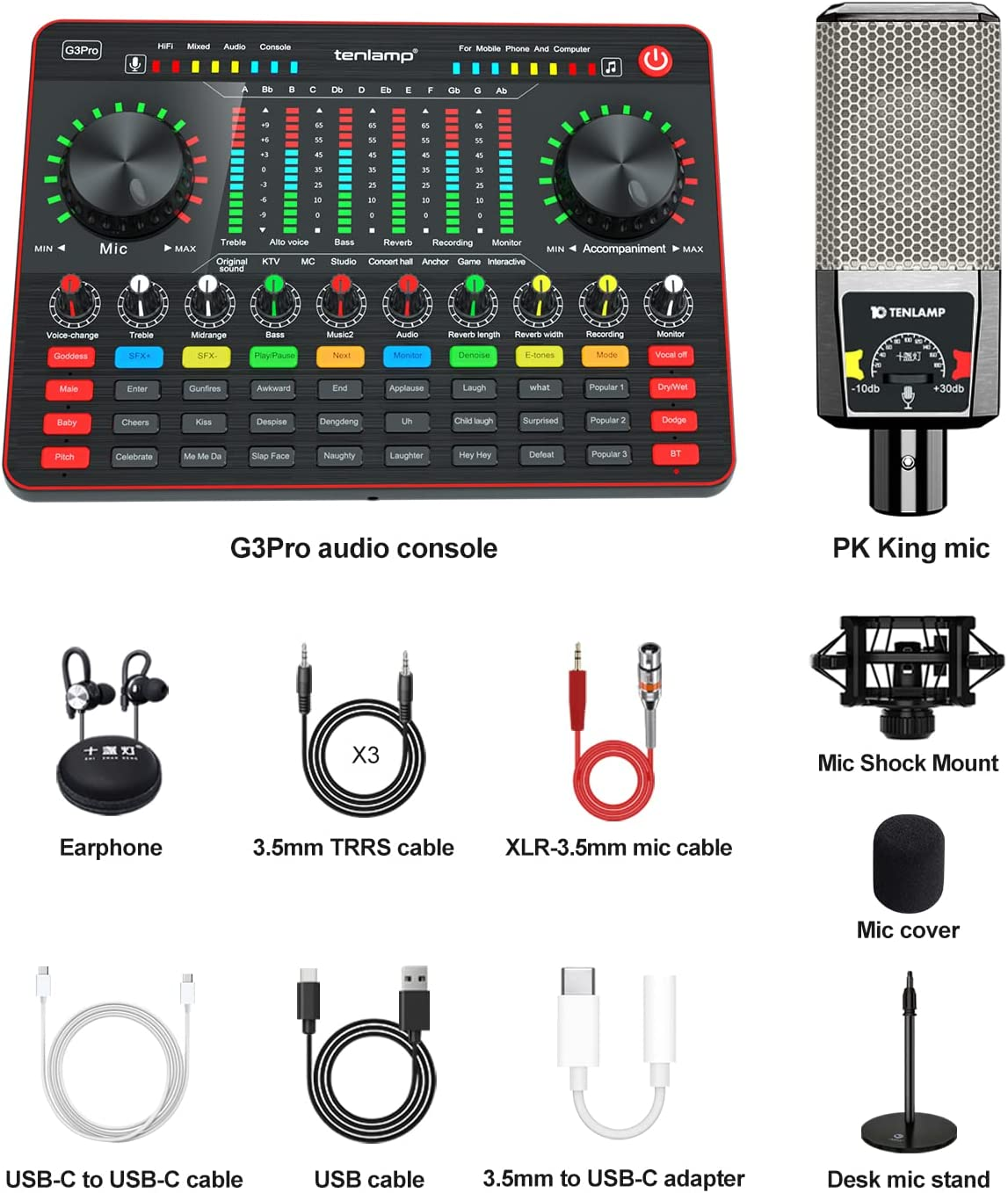Podcast Equipment Bundle, Tenlamp Studio XLR-3.5 Cardioid Condenser Microphone & G3Pro Portable Audio Interface with Mixer and Sound Card Soundboard Voice Changer DJ Controller, All-In-One Podcast Mic Kit for Phone PC Live Streaming Podcast Recording Gaming Youtube Tik Tok Guitar image number 1