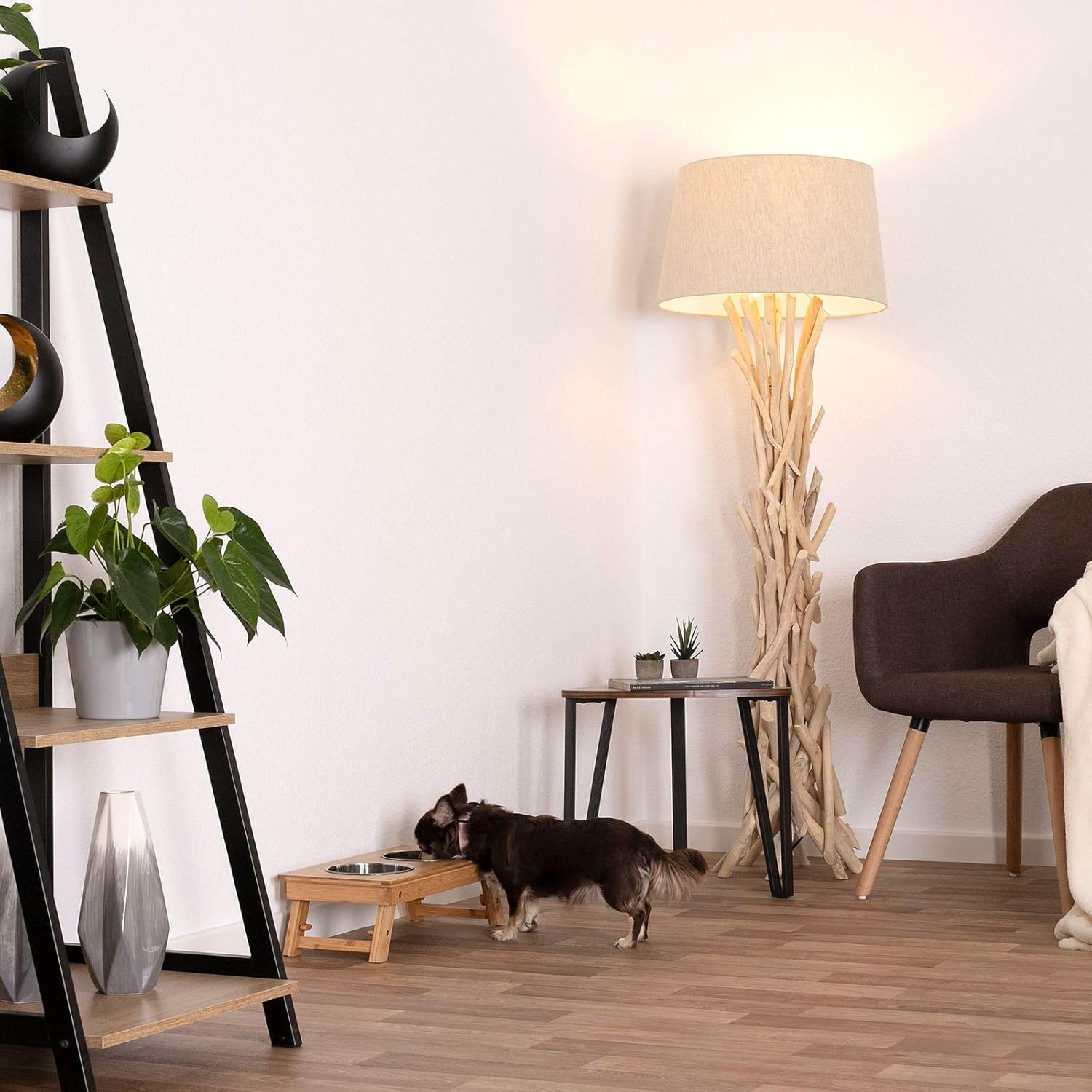 Lionto Dog Bowl Height Adjustable Feeding Station Feeding Bar Raised Bowl Rack for Pets Made of Bamboo