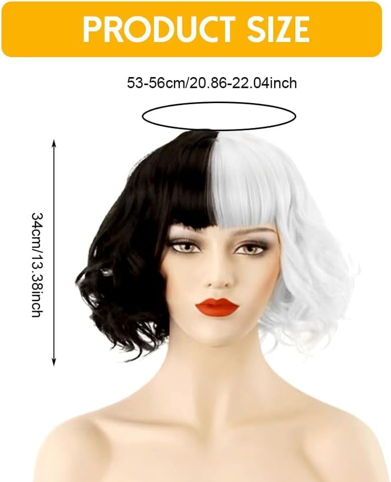 Short Black and White Wig Wavy Half Black and Half White Heat Resistant Women Wig Hair Wig for Daily Costume Cosplay Halloween Party image number 4