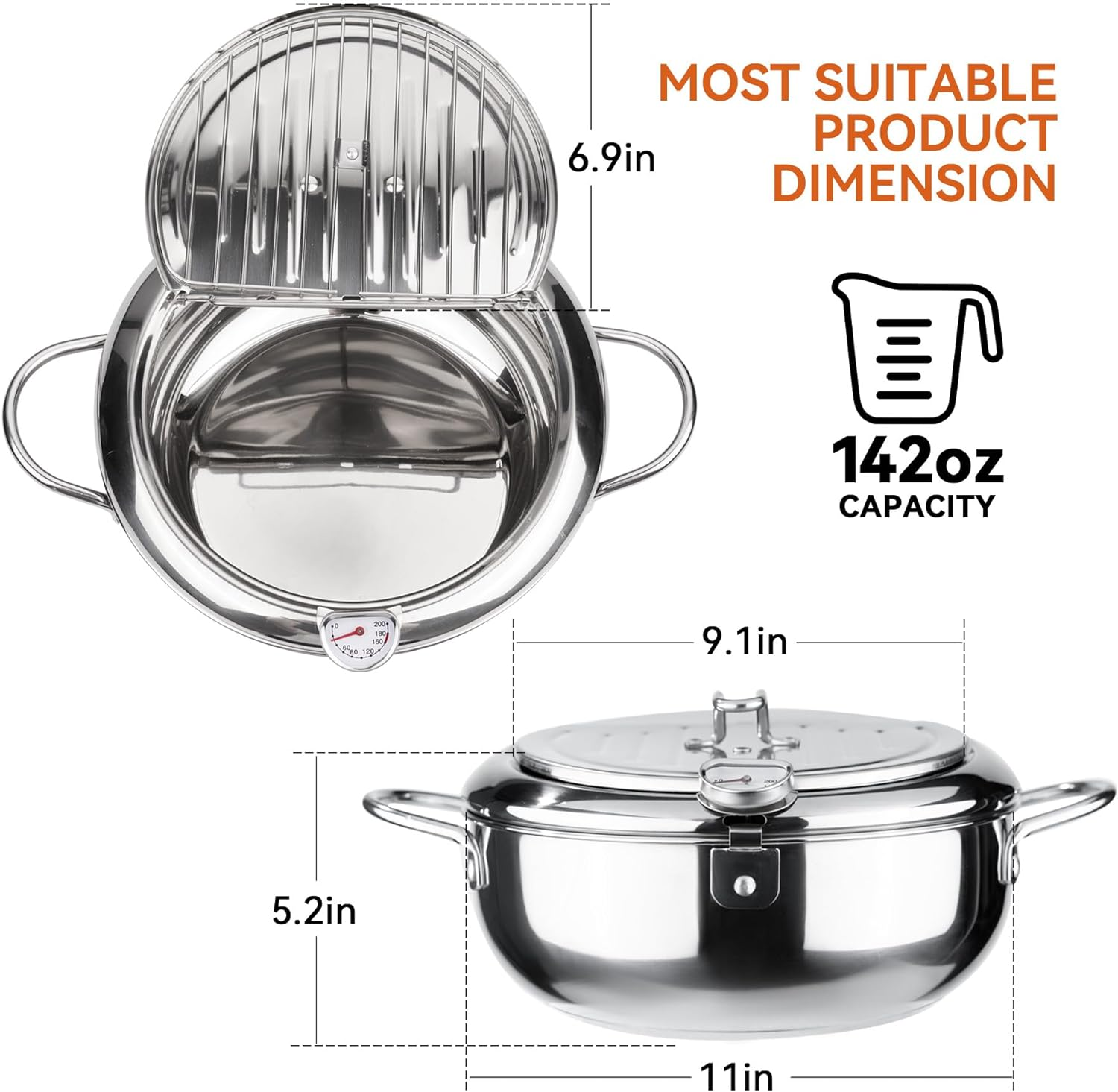 Kerilyn Deep Fryer Pot, 11 Inch/4.2 L Janpanese Style Tempura Frying Pot with Lid, 304 Stainless Steel with Temperature Control and Oil Drip Drainer Rack, for Kitchen French Fries, Chicken Etc image number 6