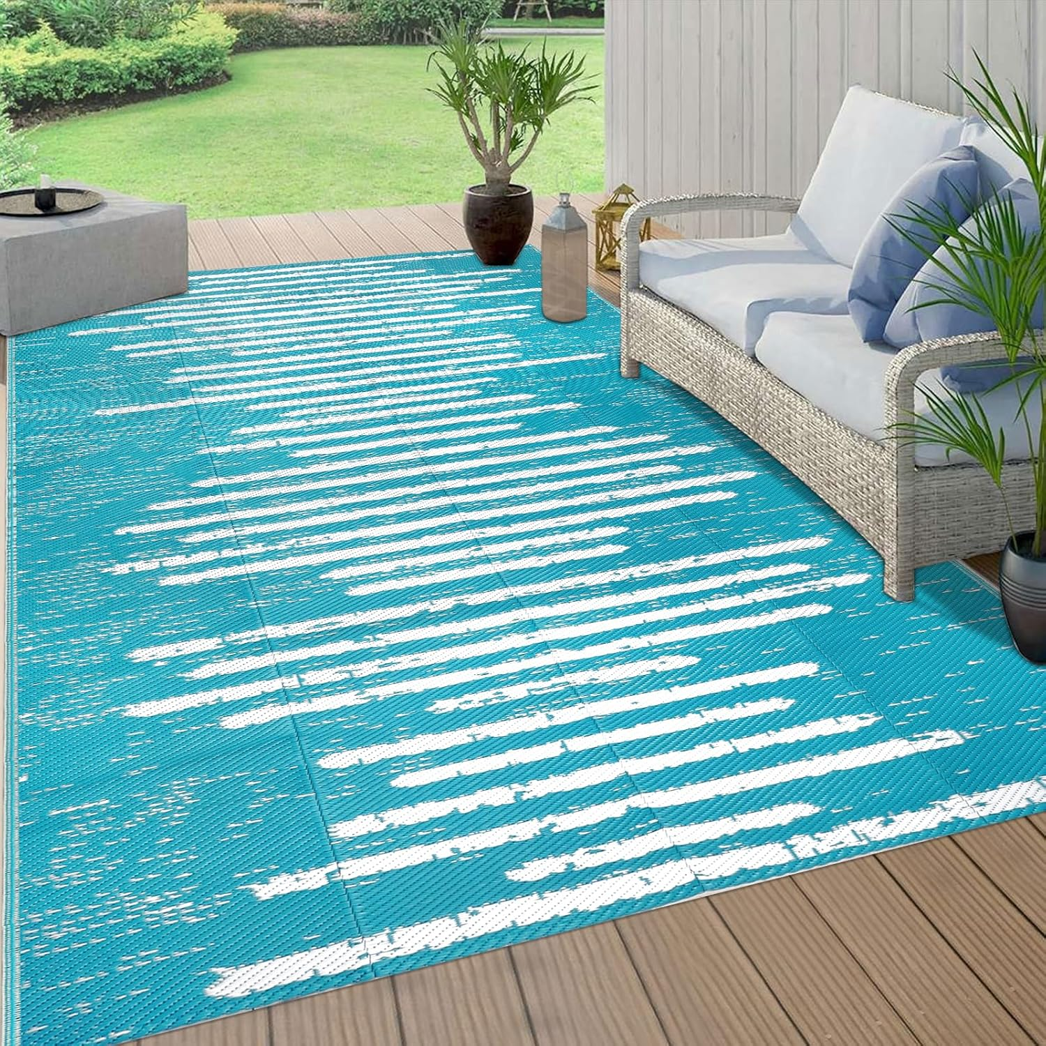 Falflor150X245Cm Outdoor Rug for Patios Waterproof Reversible Garden Mat Plastic Picnic Blanket Outdoor Floor Carpet Plastic Straw Rug for RV Backyard Beach Picnic Balcony(Teal) image number 2