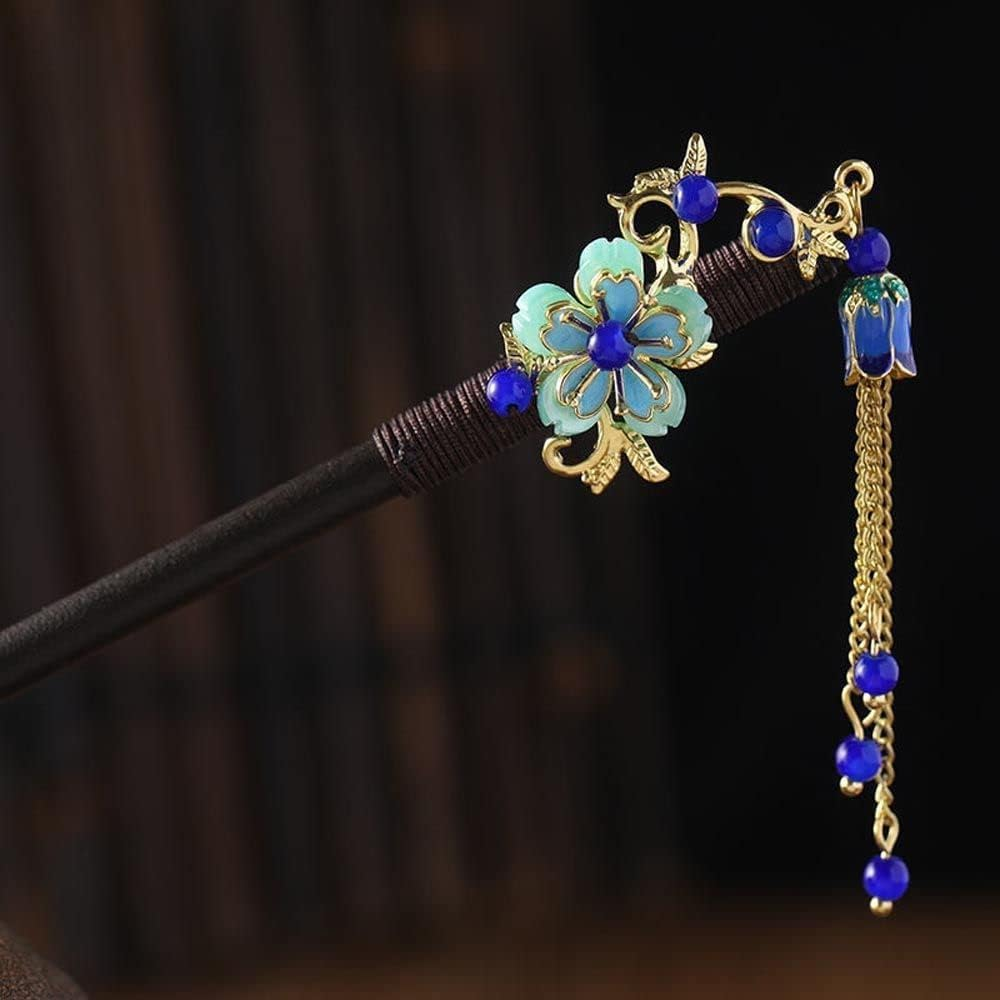 Jjlfresheners Blue Retro Vintage Flower Hair Stick - Wooden Hairpin with Tassel, Hair Securing for Wedding, Hairdressing, Hair Accessories for Adult Women - 1 Count image number 1