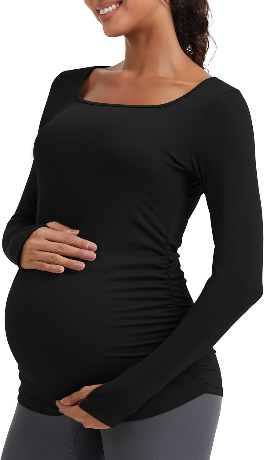 Mathcat Women'S Maternity Shirts, Long Sleeve Squar Neck Side Ruched Pregnancy Workout Tops with Thumbholes Altheltic Tee