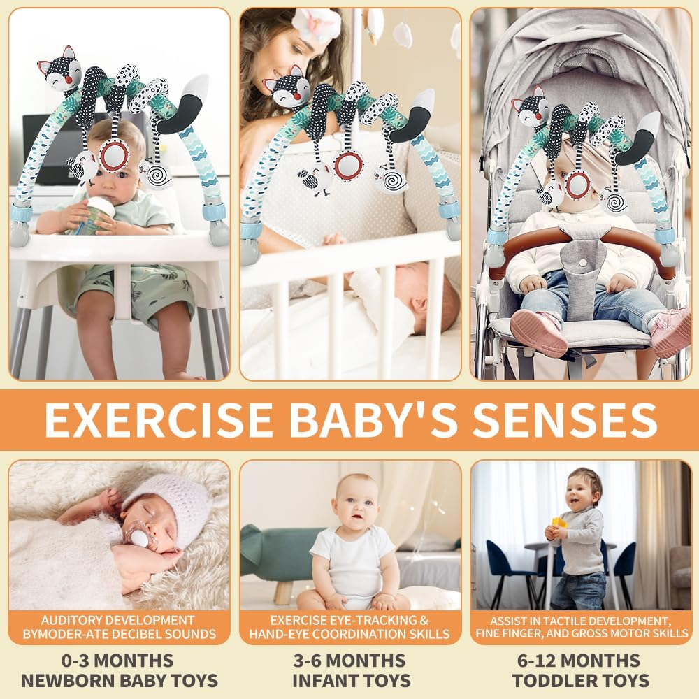 Baby Arch Baby Pram Toys, High-Contrast Black & White with Stretch & Spiral Hanging Activity Set, Infant Stroller Arch Toy, 0-36 Months (Fox) image number 5