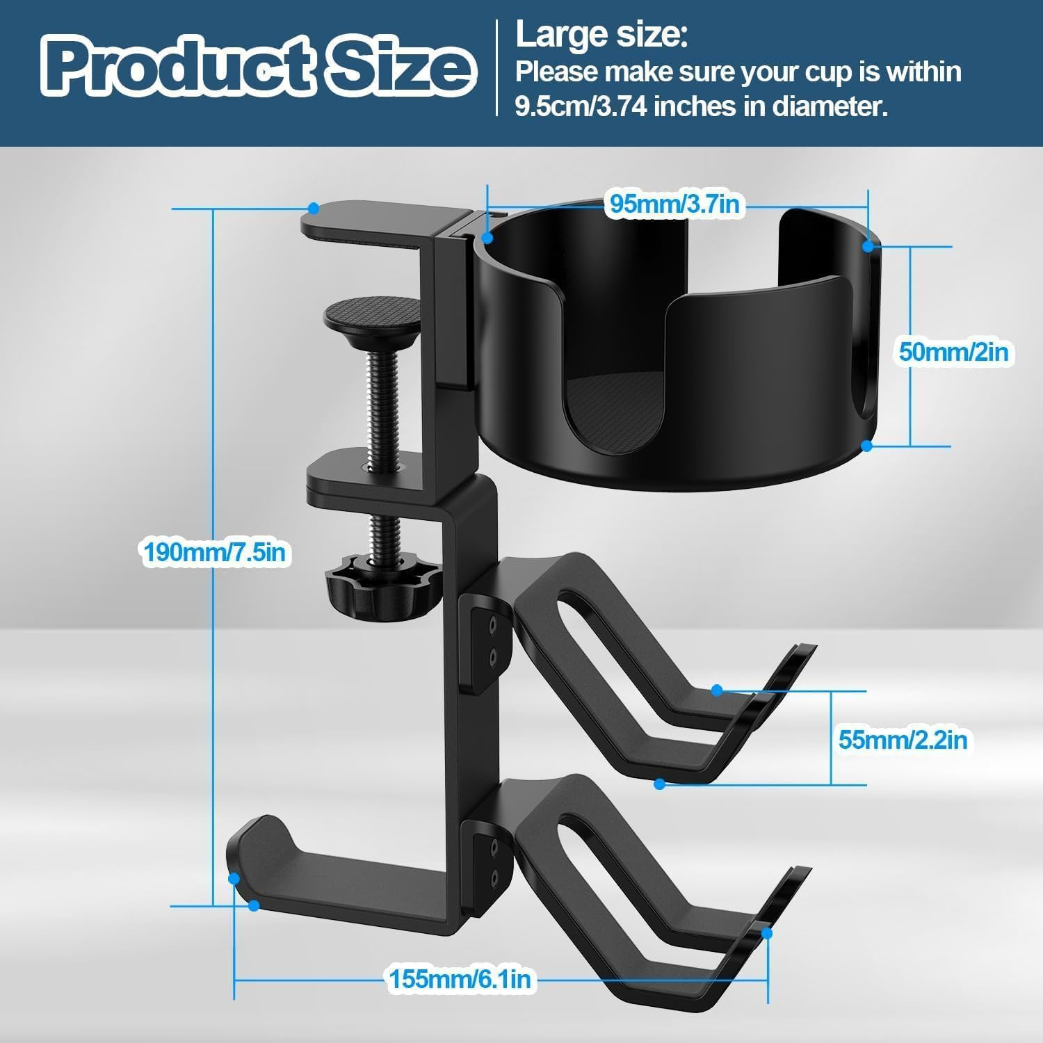 4 in 1 Desk Cup Holder with Headphone Hanger and Controller Stand, 360&deg; Swivel under Table Clip Controller Holder, Universal Adjustable Rotating Upgraded Arm Clamp for Coffee Mugs, Bottles, Headphones image number 2