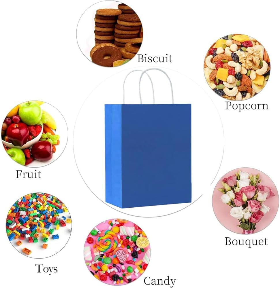 100 PCS Paper Bags with Handles,21 * 15 * 8CM Small Gift Bags,Kraft Paper Bags for Birthday Party Favors,Retail Shopping,Wedding,Christmas Bulk,Lunch (Blue) - White image number 5