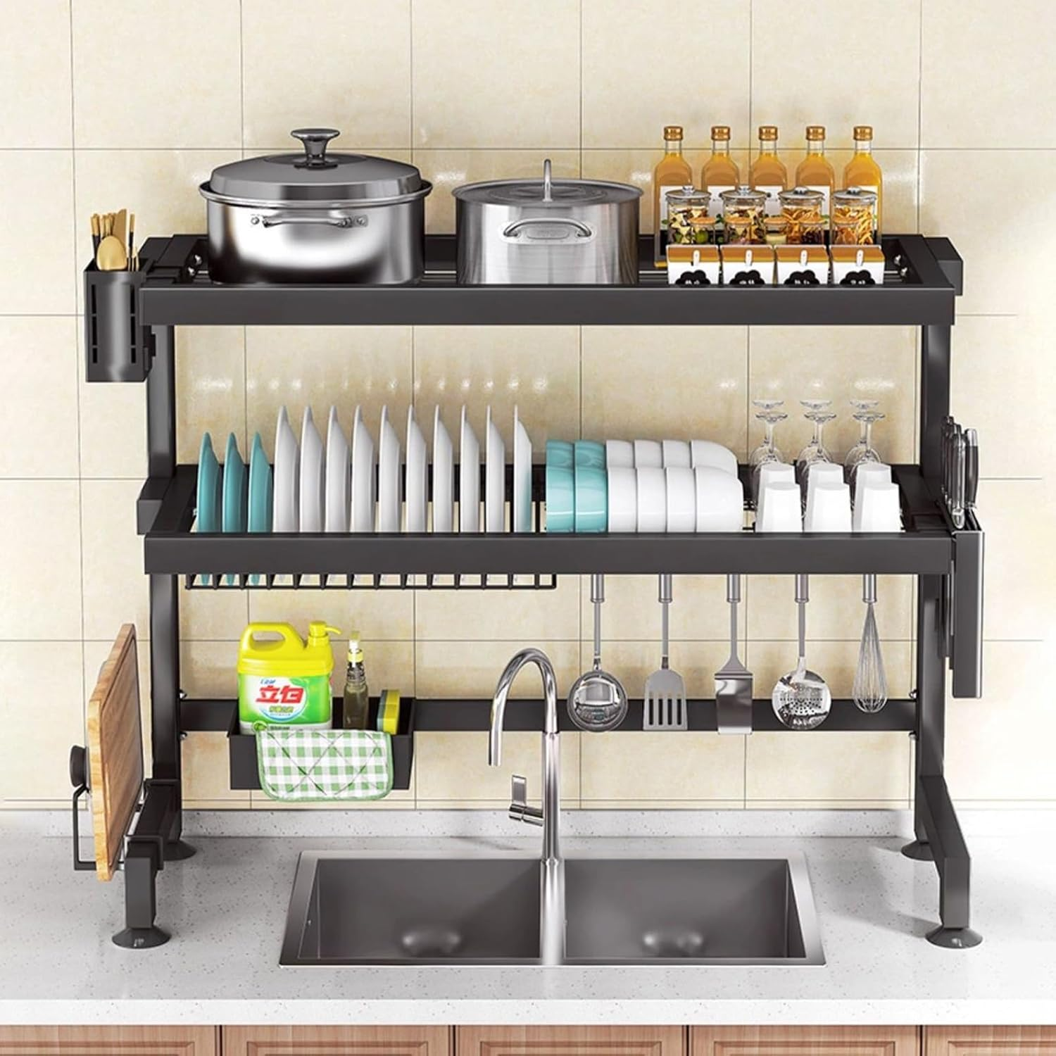 Over the Sink Dish Drying Rack, 2 Tier Large Capacity over Sink Dish Rack, Metal over the Sink Dish Drainer Drying Rack, Multi-Functional over Sink Dish Rack Display for Kitchen Counter