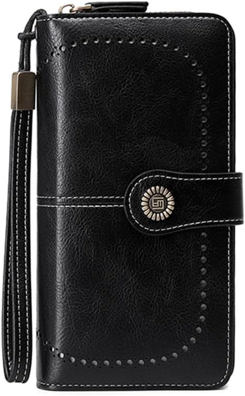 Women Long Wallet Retro Oil Wax Leather Hollowing Out Purse RFID Blocking Credit Card Holder Cute Ladies Girl Travel-Black