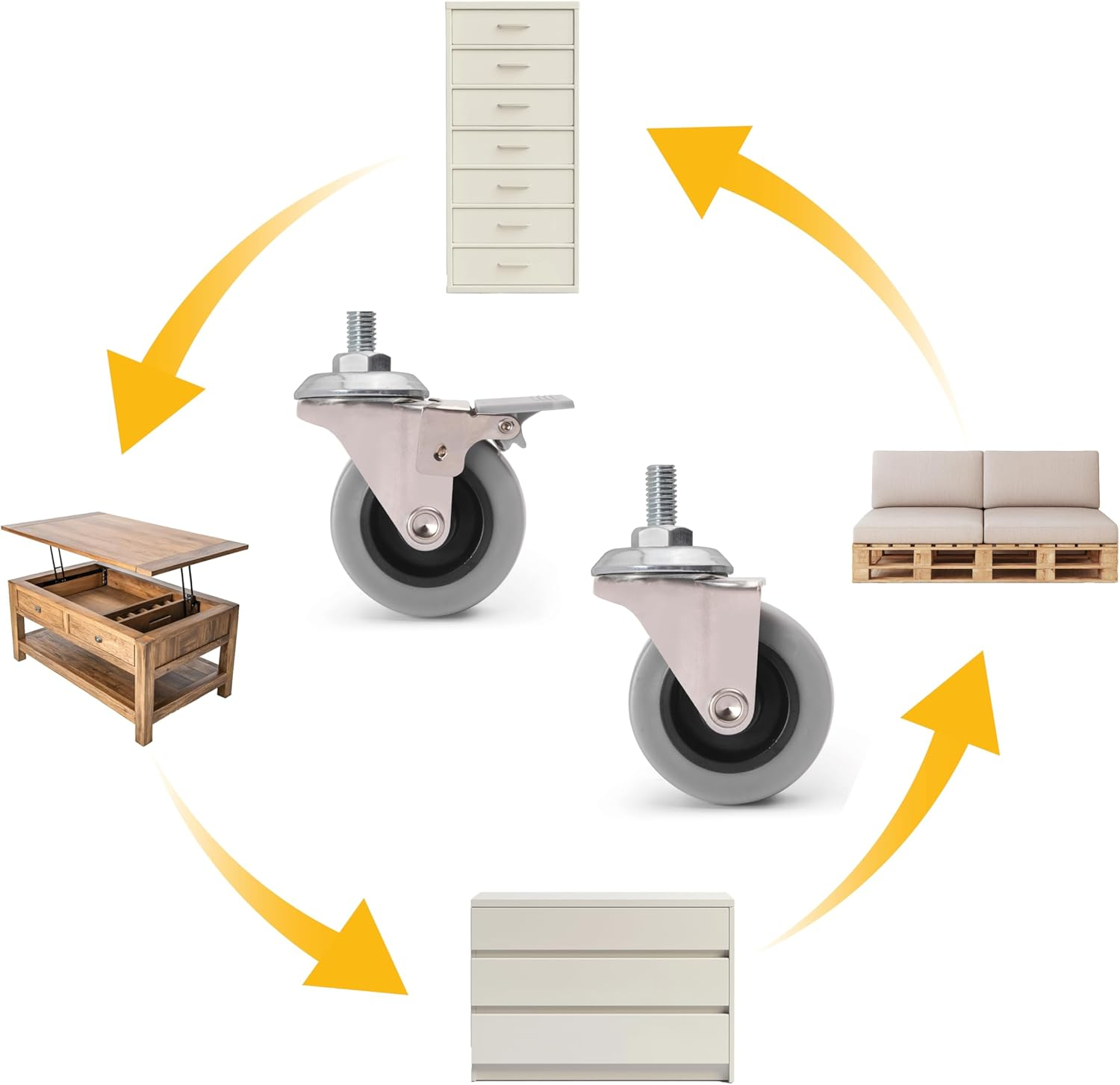 Emuca - Pack of 4 Grey Swivel Castors for Furniture (2 with Brake and 2 without Brake) 50Mm(1,96 Inch) Diameter with M8X15 Bolt and Ball Bearings image number 4