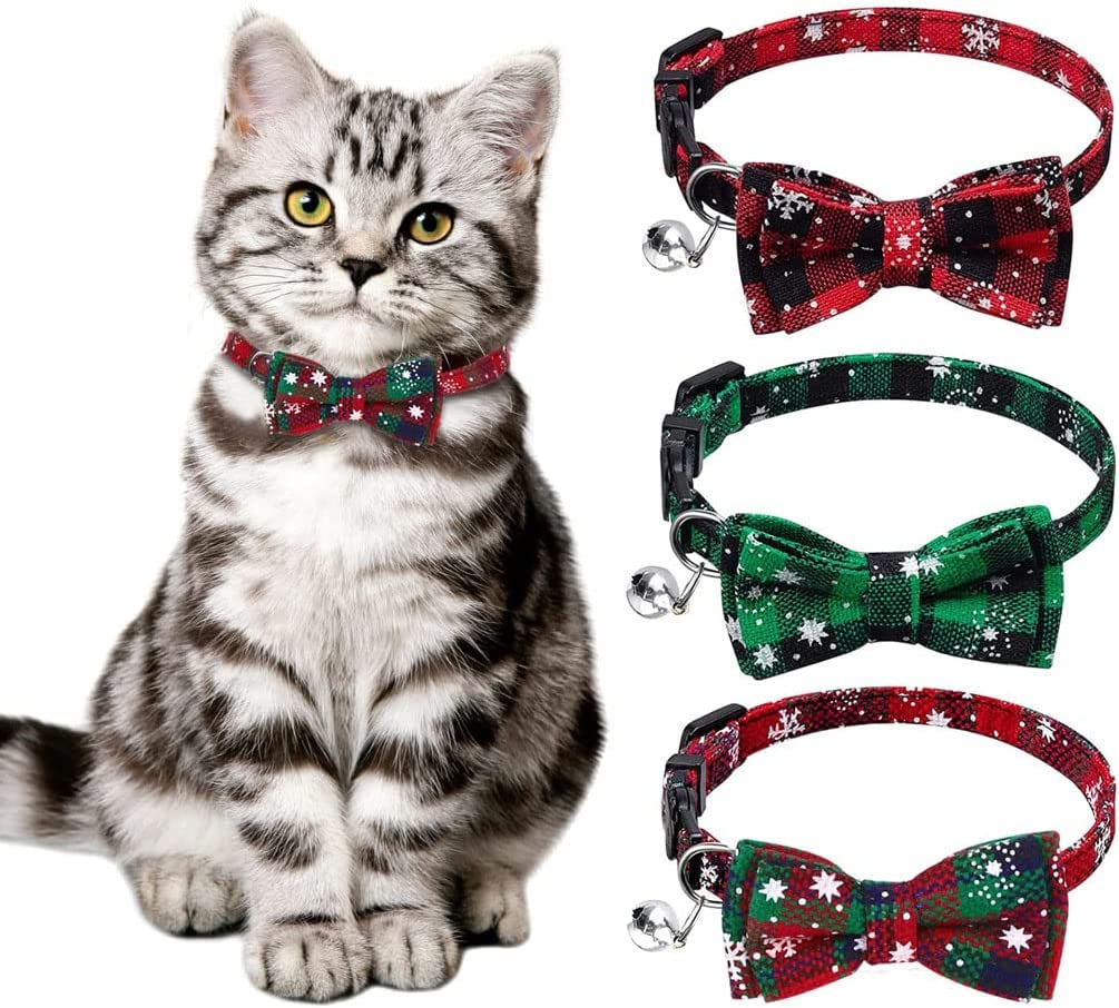 Idopick 3 Pack Cat Collar with Bell Breakaway, Buckle Adjustable Soft Cotton Plaid Dog Collar Kitten Collar with Bow Tie for Small Medium Cat Dog image number 1