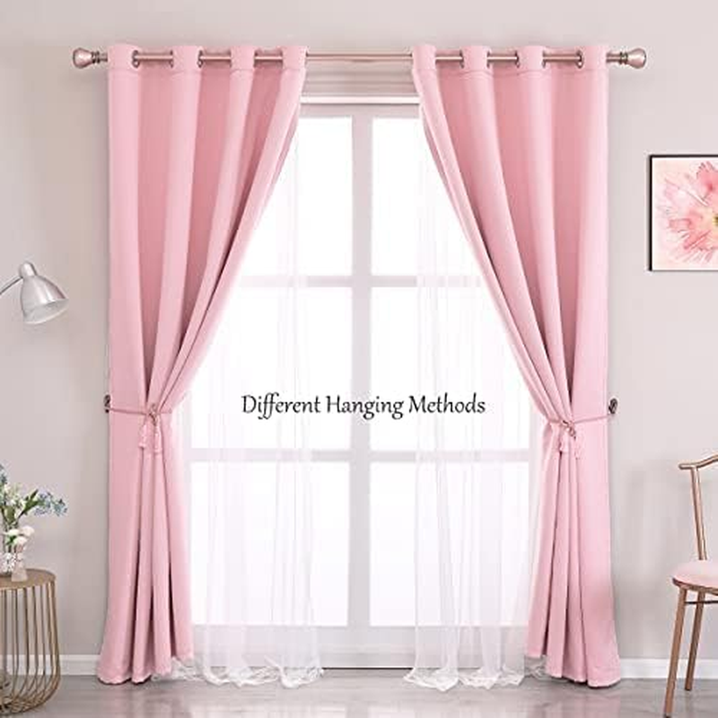 SOFJAGETQ Short Pink Curtains 63 Inch Long- Blackout Curtains with Voile Sheer Drapes Thermal Pink Window Treatments with Tie-Backs for Kids/Girls Bedroom Nursery Living Room, Elegant, 2 Panels image number 5