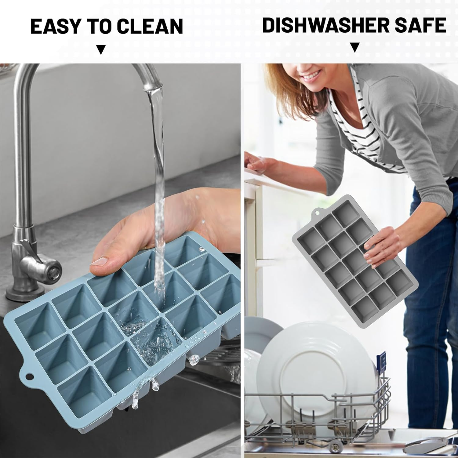 Ice Cube Trays Set of 3, Easy Release 15 Flexible Silicone Ice Cube Molds with Removable Lid Reusable Freezer Ice Trays Stackable for Whiskey, Baby Food (3, Blue+Grey+Pink) image number 2