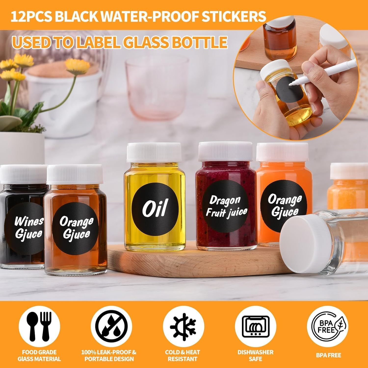 PENGQIMM 12 Pack Glass Shot Bottles with Lids,60 Ml Small Clear Glass Bottles Glasses Containers with Cleaning Brush & Labels Empty Clear, Airtight Juice Shot Bottles, Oils, Sauce, Medicine image number 2