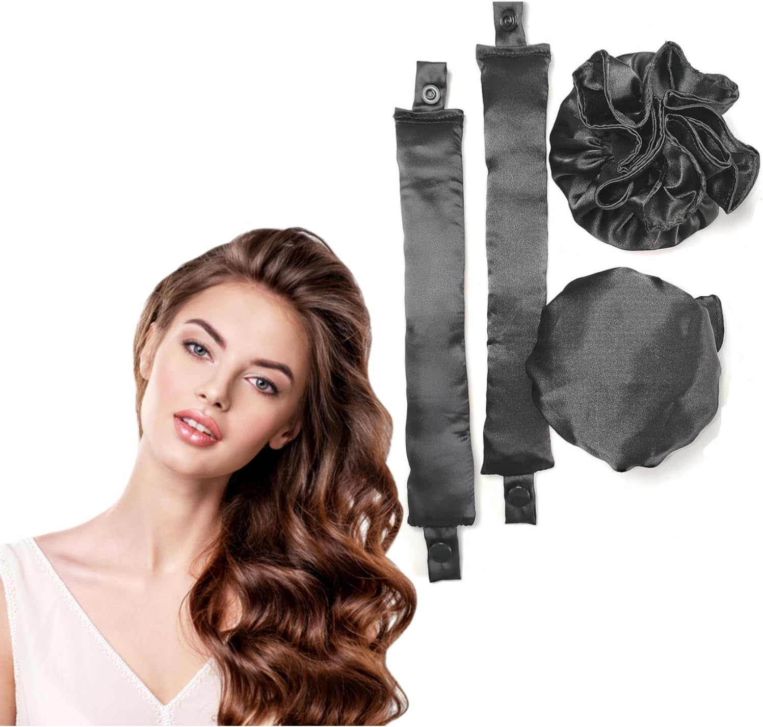 Satin Heatless Hair Curler 2Sets/4Pcs, Pillow Soft Rollers with Hair Caps, Soft Heatless Curling Rod Headband for All Hair Types, Hair Curlers to Sleep in (Black)