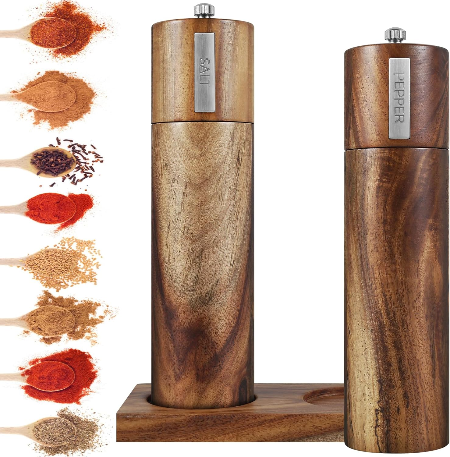 Wood Salt and Pepper Grinder Set,Salt Pepper Mill Grinder,Salt Grinder Set,Cylindrical Grinder Acacia Wood Pepper Mill Ceramic Core Manual Pepper Grinder image number 1
