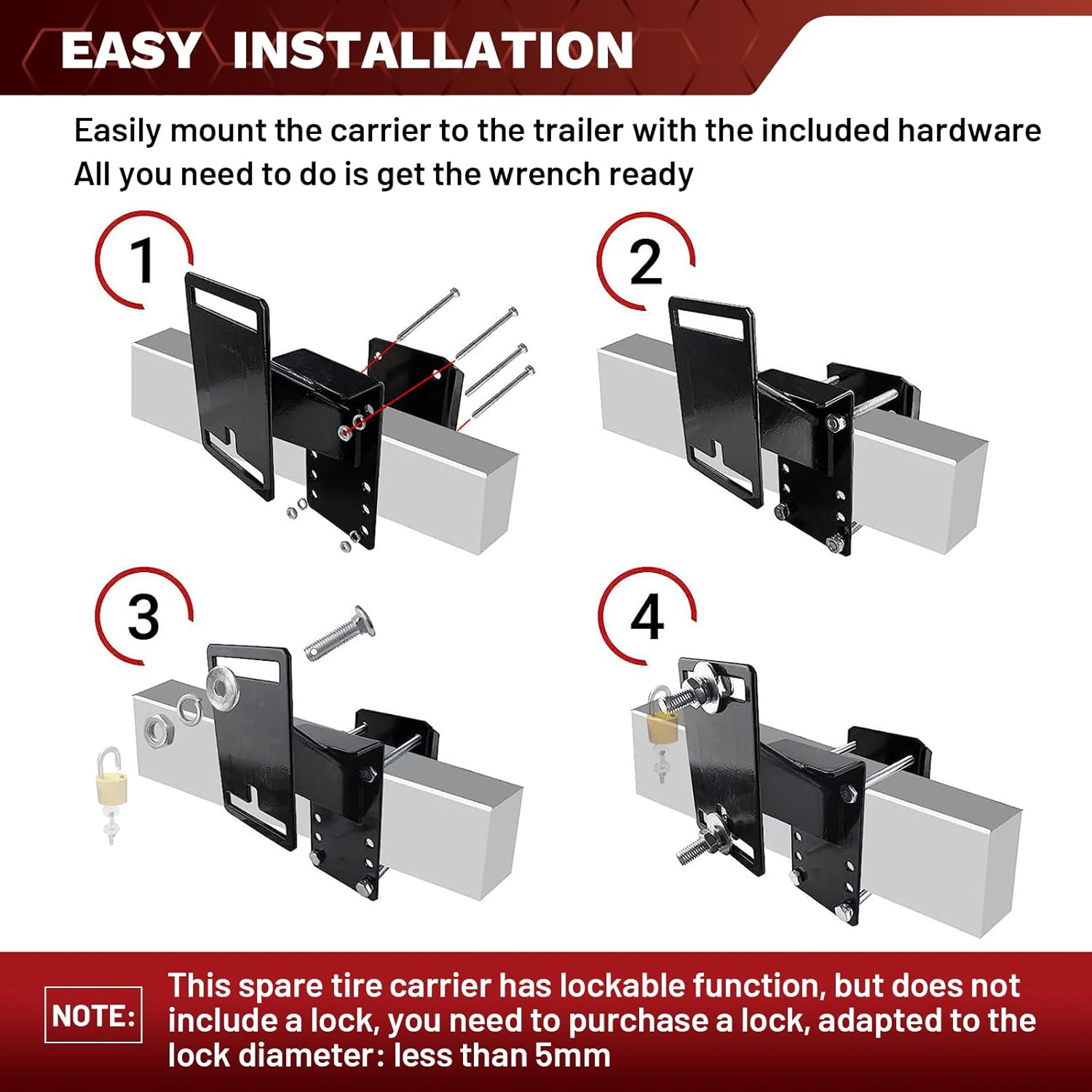 Lockable Spare Tire Carrier, Spare Tire Bracket for Utility Trailer, Powder Coat Steel Black Boat Trailer Tire Mount Fits Most Lugs Wheels, Easy to Install image number 4