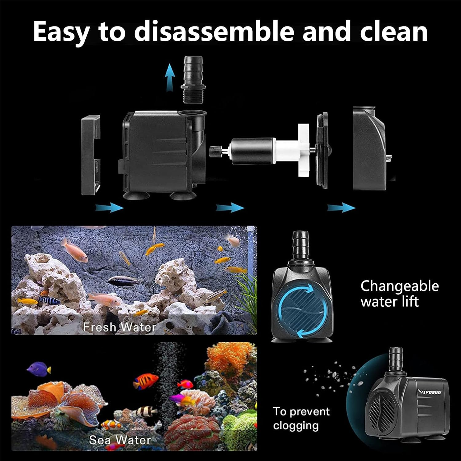 Submersible Pump, 800L/H 16W Aquarium Submersible Water Pump, Pond Pump, Ultra Quiet Adjustable Water Pump with 1.5M Power Cord for Garden Waterfall | Fish Tank | Fountain, with 2 Diameter Nozzles image number 2