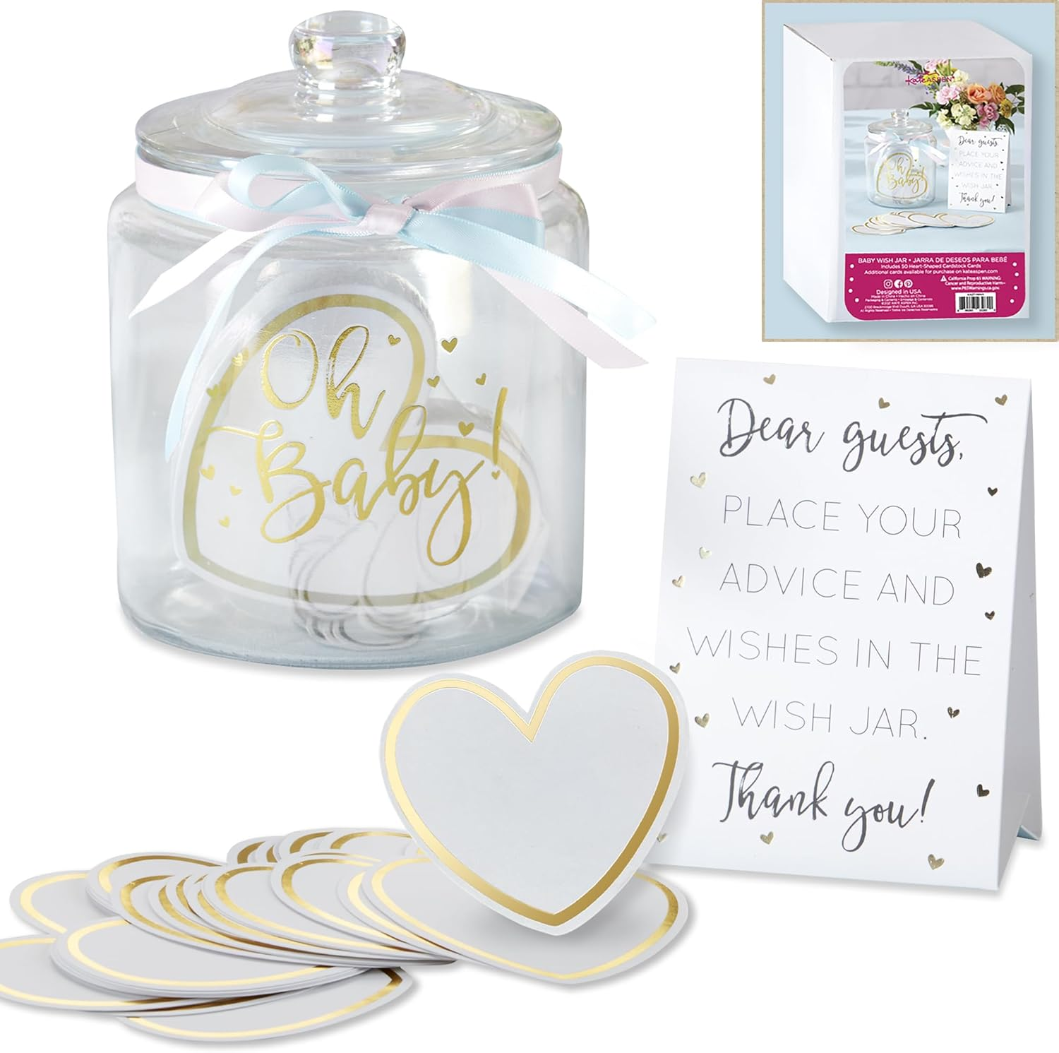 Kate Aspen Iridescent Baby Shower Decorations, Wishes for the Baby Jar with 50 Heart Shaped Advice Cards Guest Book, Iridescent Decor, Oh Baby image number 4