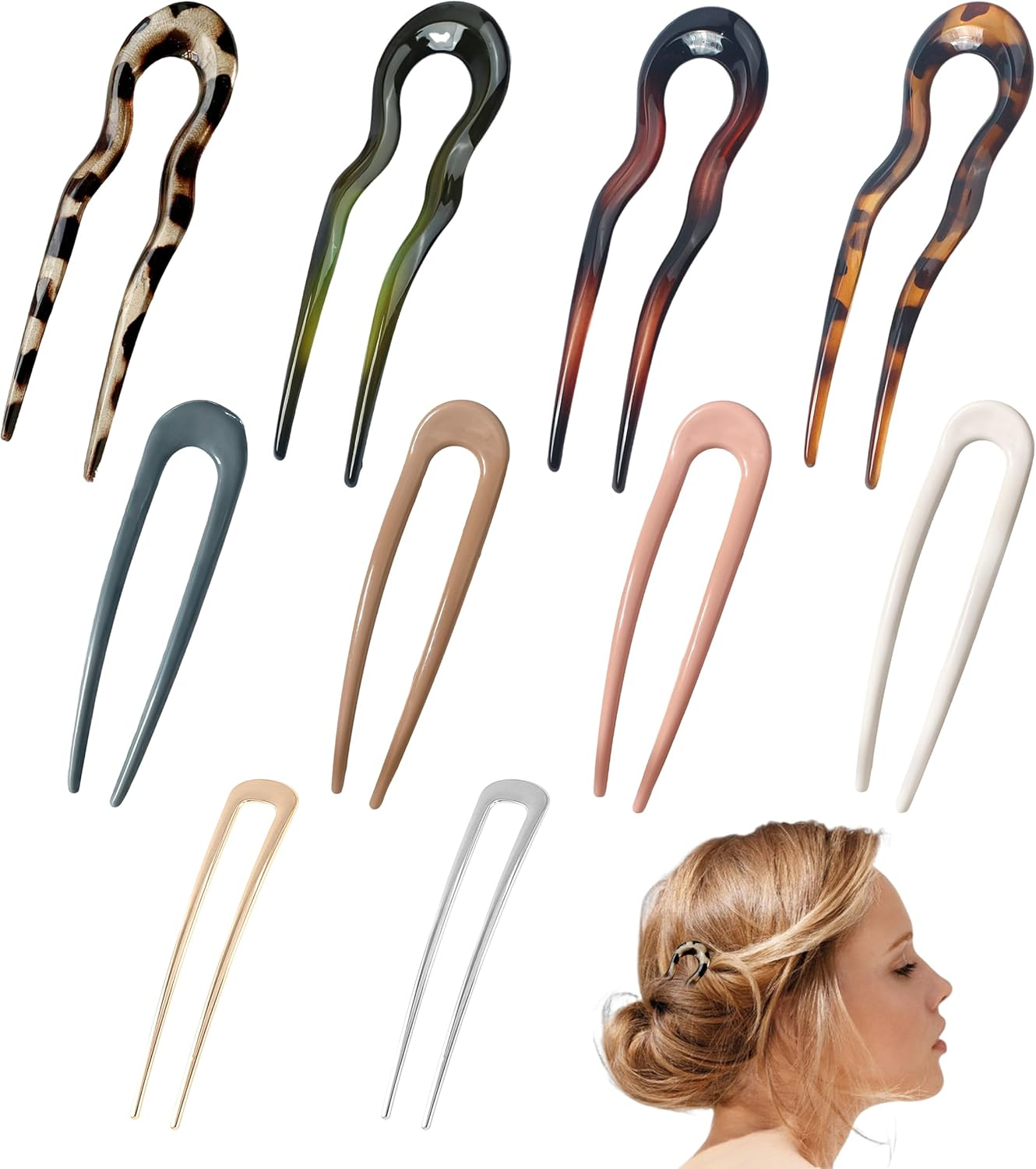 JIEYUMAO French Hair Pins, 10Pcs U Shaped Hair Pins, 10 Styles French Hair Forks for Women, Vintage U-Shaped Hairpins 2 Prong Bun Hair Sticks for Thick Straight Long Hair image number 6