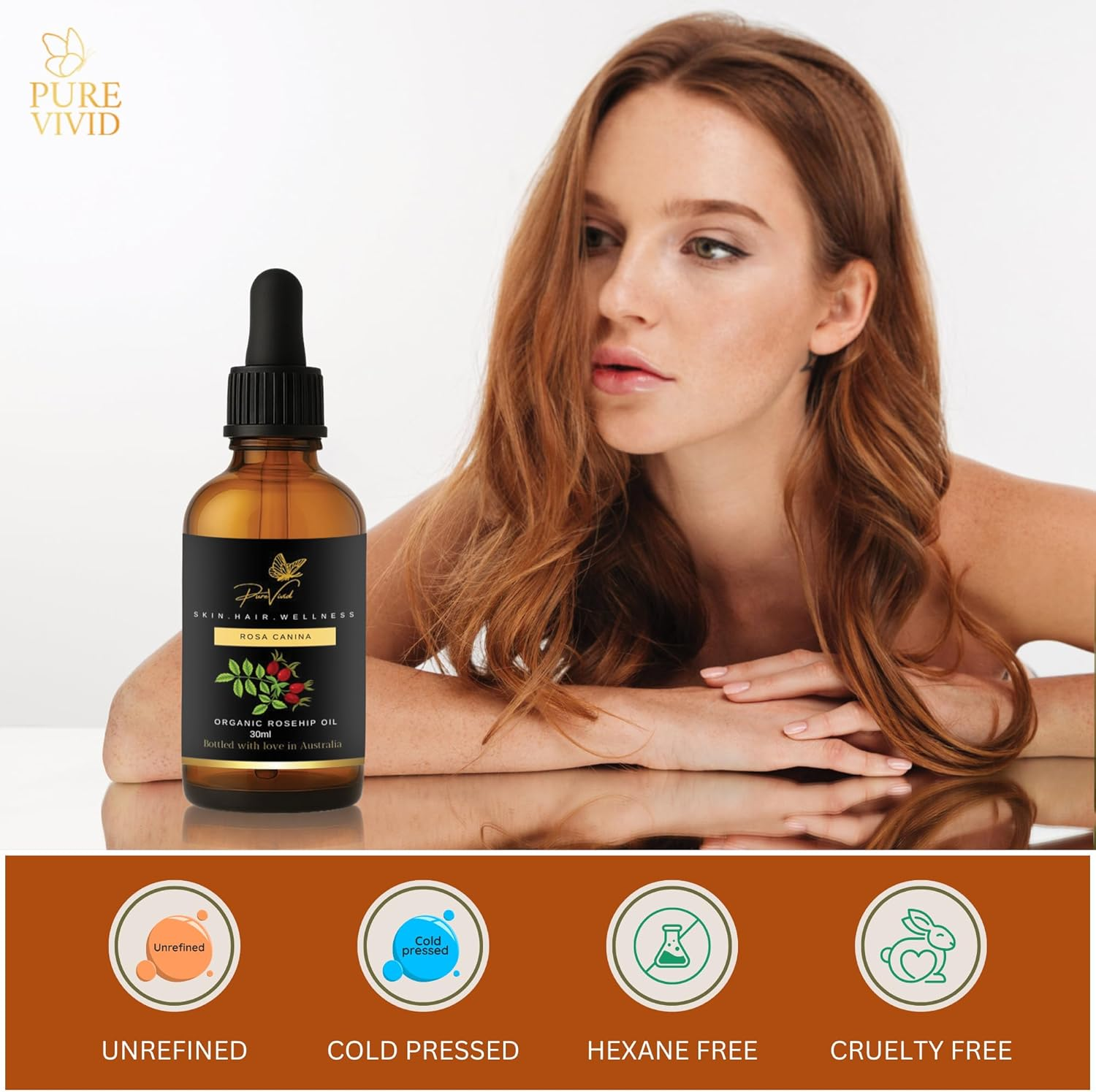 Pure Vivid Organic Rosehip Seed Oil 30Ml &ndash; 100% Pure Cold Pressed | Natural Unrefined Carrier Oil for Face, Skin, Hair & Nails | Non-Gmo |Oil for Daily Use | Amber Dropper Bottle image number 3