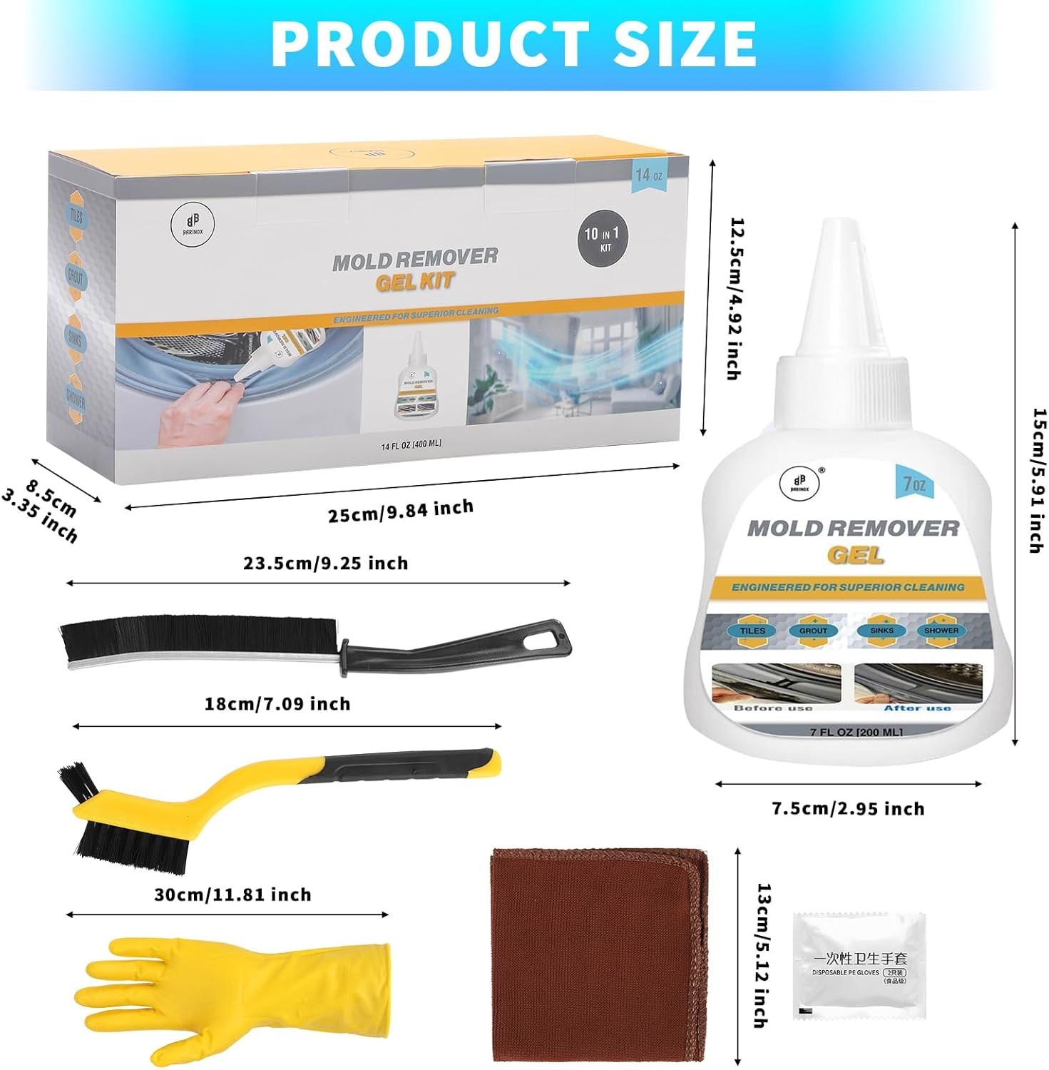 BARINOX Mould Remover Gel Kit - 10 in 1 Powerful Cleaner for Grout, Washing Machine, Tile, Shower, Kitchen Sink, Refrigerator Seals, Caulk, Bathroom, Toilet & Cleaning Brushes, Cloth and Gloves 400 ML image number 2
