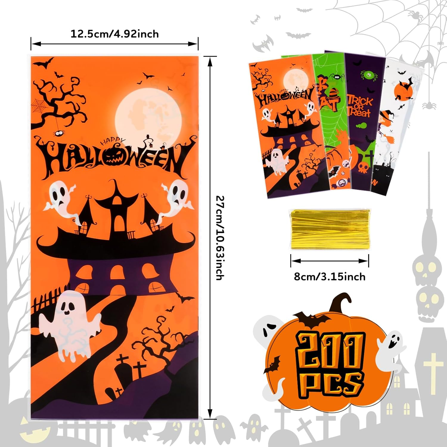 Ninonly 200 Pcs Halloween Candy Bags, Bat Pumpkin Spider and Witch Halloween Cellophane Bags, Plastic Treat Bags with 200 Pcs Twist Ties for Snacks Cookies Halloween Party Favors Supplies image number 3