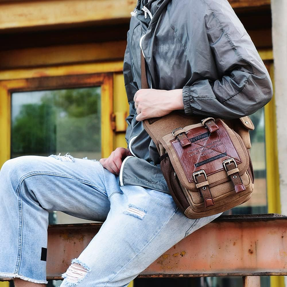 Messenger Bag for Men,Vintage Canvas Shoulder Waist Bag Chest Leather Patchwork Package image number 1