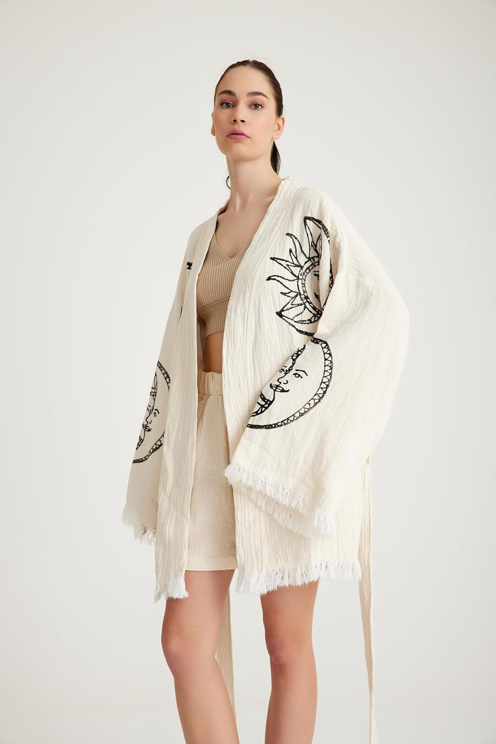 Barooga Beach Kimono Short Kaftan for Women &ndash; 100% Cotton Boho Cardigan, Open Front Kimono Robe, Sun & Moon Embroidered Beach Cover-Up, Spa Morning Robe, Bikini Swimsuit Cover-Up &ndash; Beige, One Size