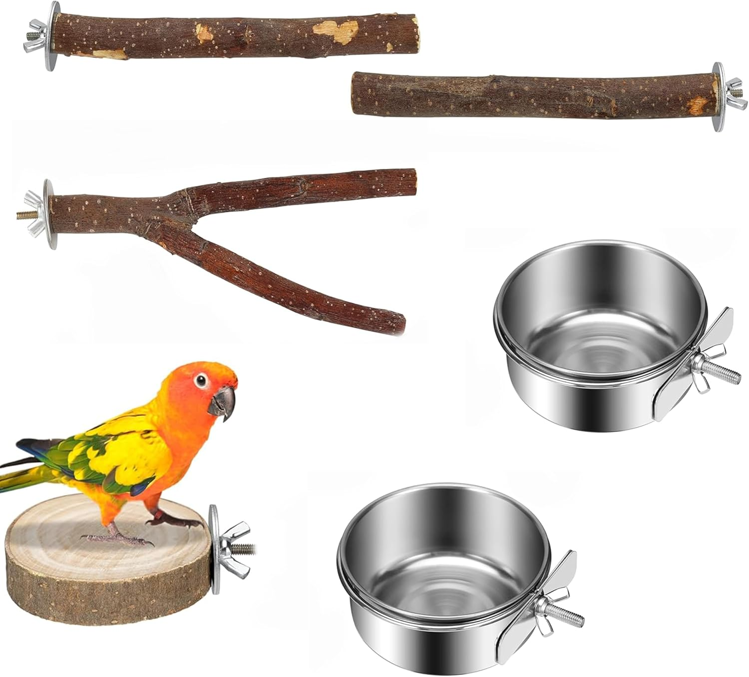 Bird Perches 6 Pack Parakeet Toys Wooden Parrot Stand Branch,With Bird Feeding Cup Set,Round Platform Paw Grinding Stick Platform Bird Exercise Training Climbing Toys for Bird Cage Accessories image number 1