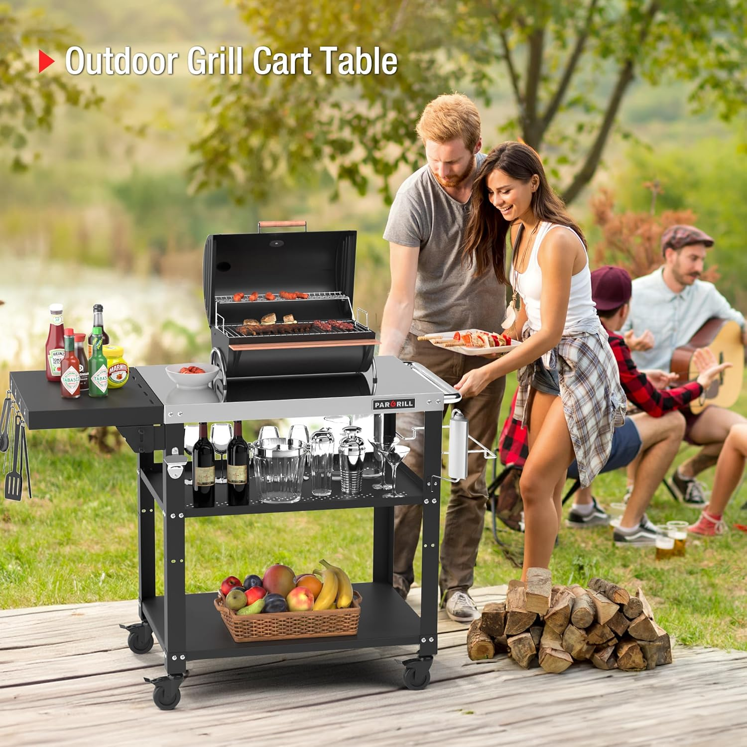 46.6" L X 20" W Three-Shelf Outdoor Grill Table, 4 Swivel Casters with Brake, Movable Outdoor Prep Table with Foldable Side Table, Stainless Steel Pizza Oven Table, BBQ Grilling Table image number 5