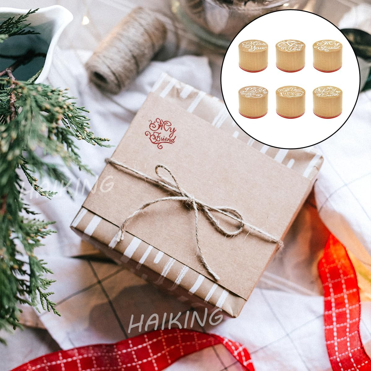 Wooden Stamper, 6 Pcs round Blessing Words Pattern Rubber Stamp Set for DIY Craft Card, Scrapbooking, Birthday Party Gift, Prize Bag Fillers (6 Style)