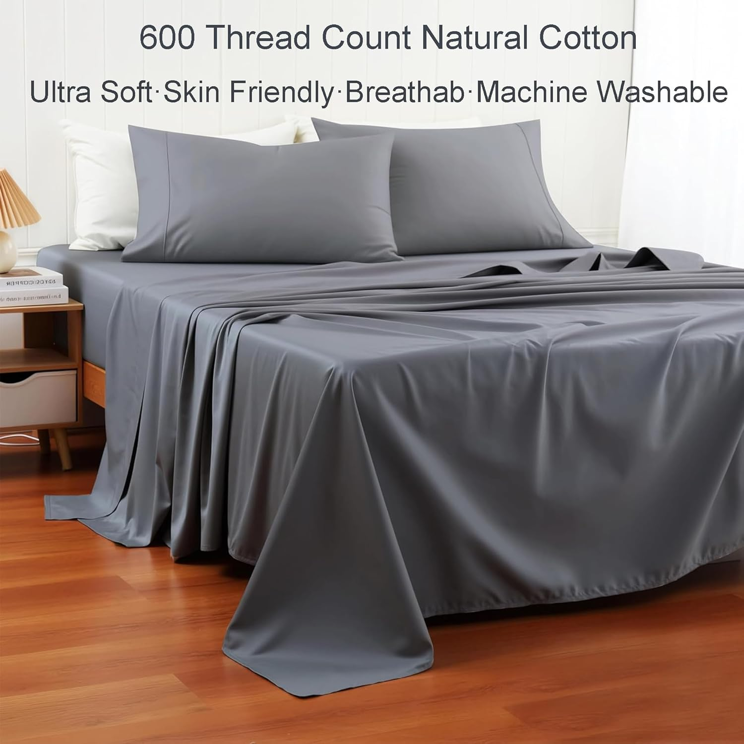 Shunjie.Home 100% Cotton Queen Bed Sheets Set - 600 Thread Count Sateen - 4 Piece Bed Sheet Set, Deep Pocket with All around Elastic, Breathable & Durable Hotel Luxury Bedding - Dark Grey image number 3