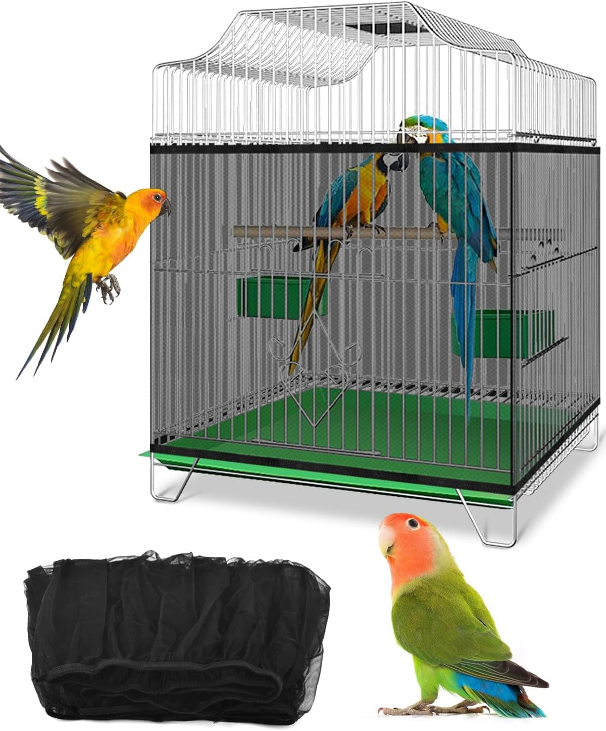 Bissap Bird Cage Seed Catcher, Universal Birdcage Net Nylon Adjustable Elastic Band Stretchy Skirts Mesh Cover for Parrot Cage Seed Guard (Not Include Birdcage)- Black