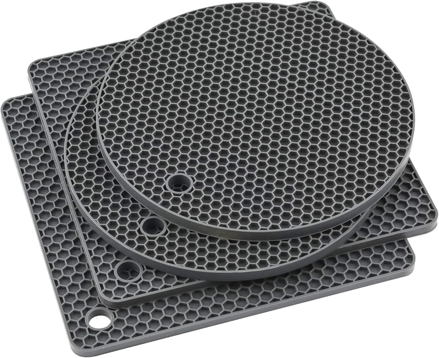 Black Silicone Trivets for Pots and Pans, Silicone Hot Pads Mats, Heat Resistant Trivet Mat Pot Holder, Counter Top Protector and Teapot Coaster Set of 4 (2 Round+2 Square Mats)