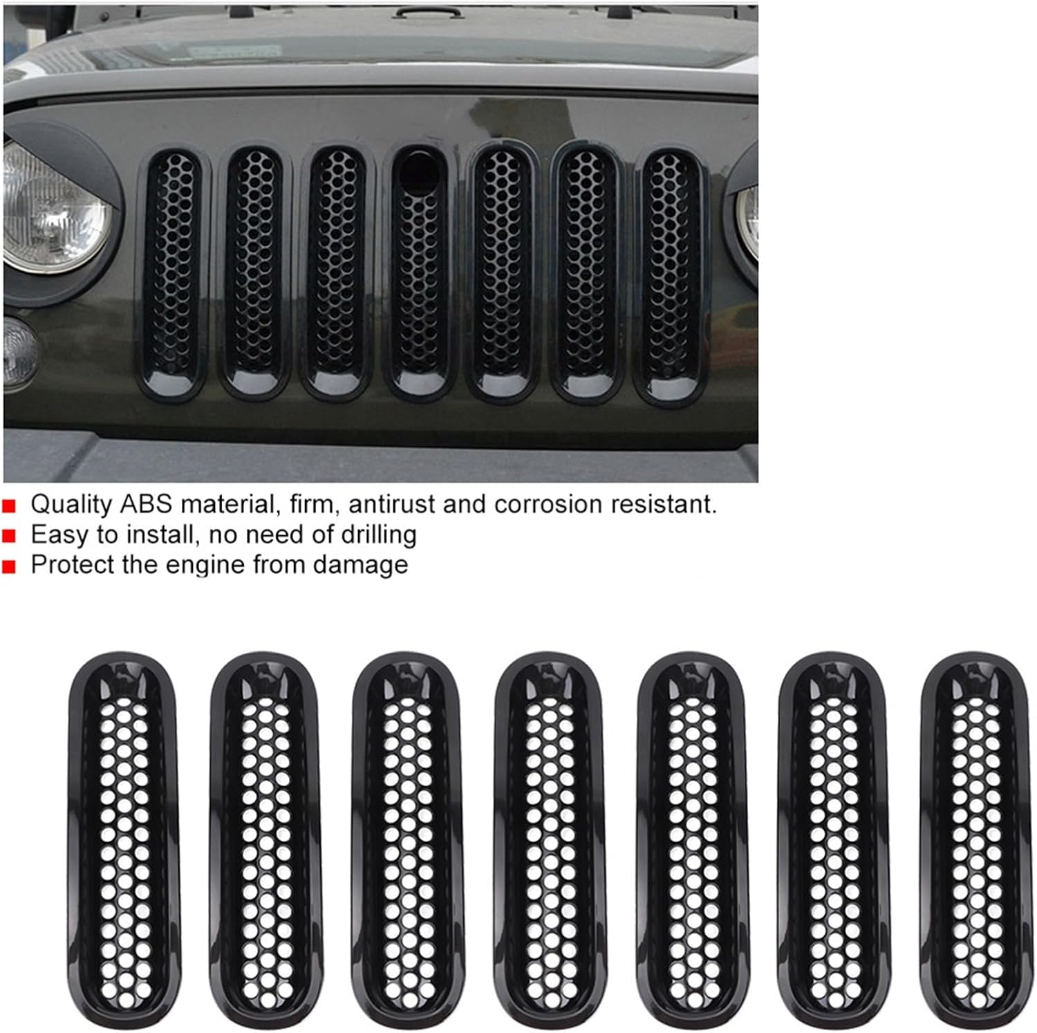 7Pcs Car Front Bumper Mesh Grille Replacement for JK 2007 2015ABS Direct Fit Upgrade Hood Grille Accessory image number 4