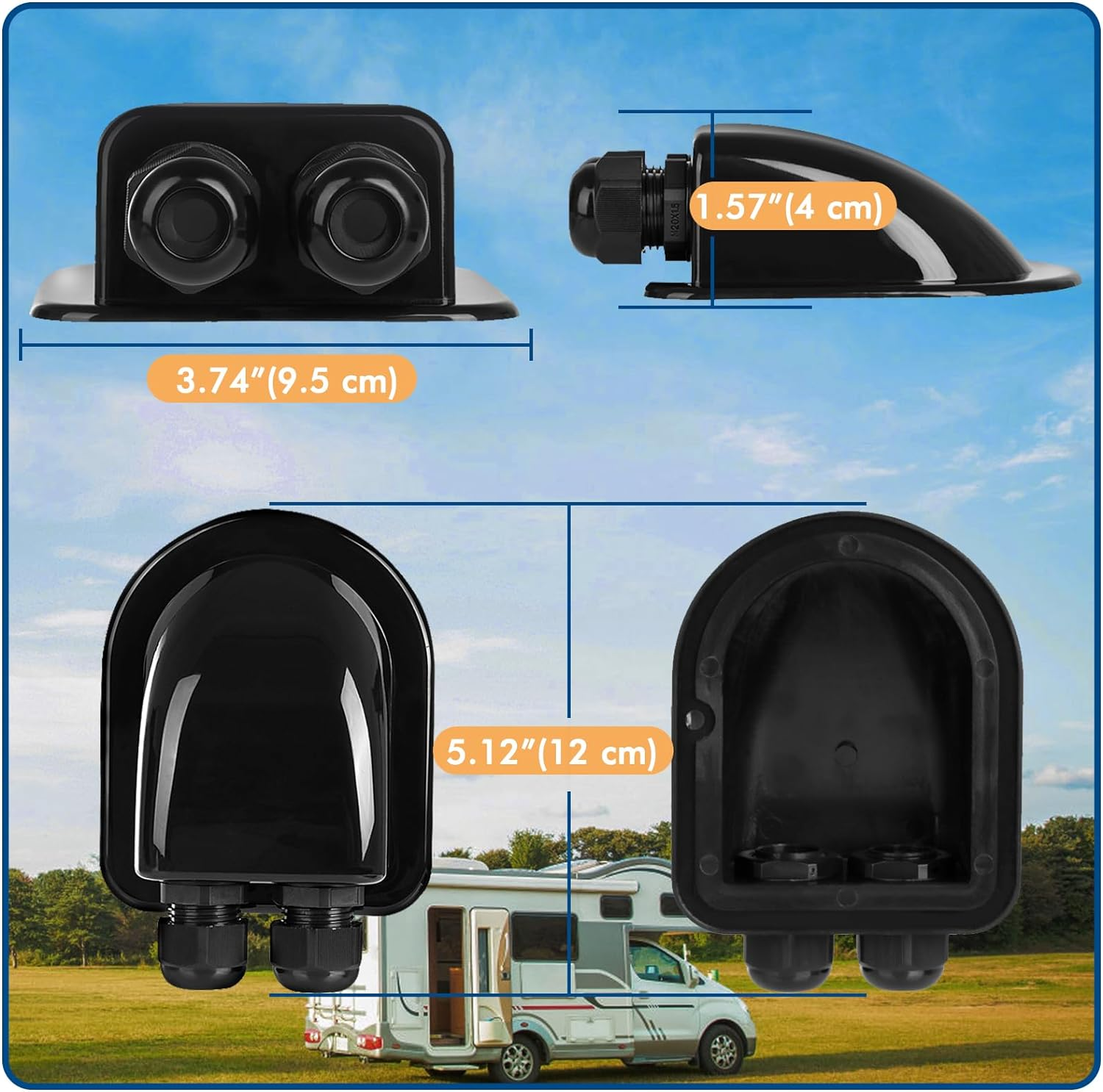 Restmo IP68 Waterproof Solar Cable Entry Gland, Weather Resistant Dual Cable Entry Housing for Solar Panels of RV, Caravan, Marine, Boat, Cabin, Black image number 5