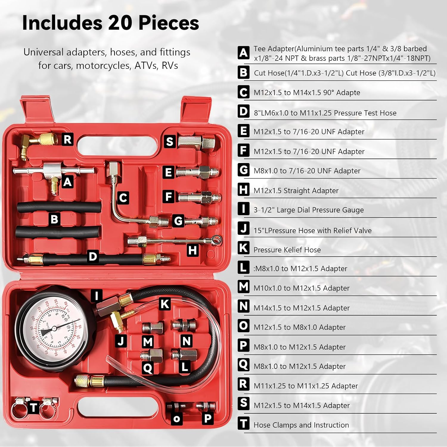 0-140PSI Fuel Pressure Tester Kit for Gasoline Engines Gasoline Pump Pressure Tester Automotive Fuel Pump and Injector Diagnostic Tool with Hoses & Adapters for Car, Truck, Motorcycle, ATV, RV, 20Pcs