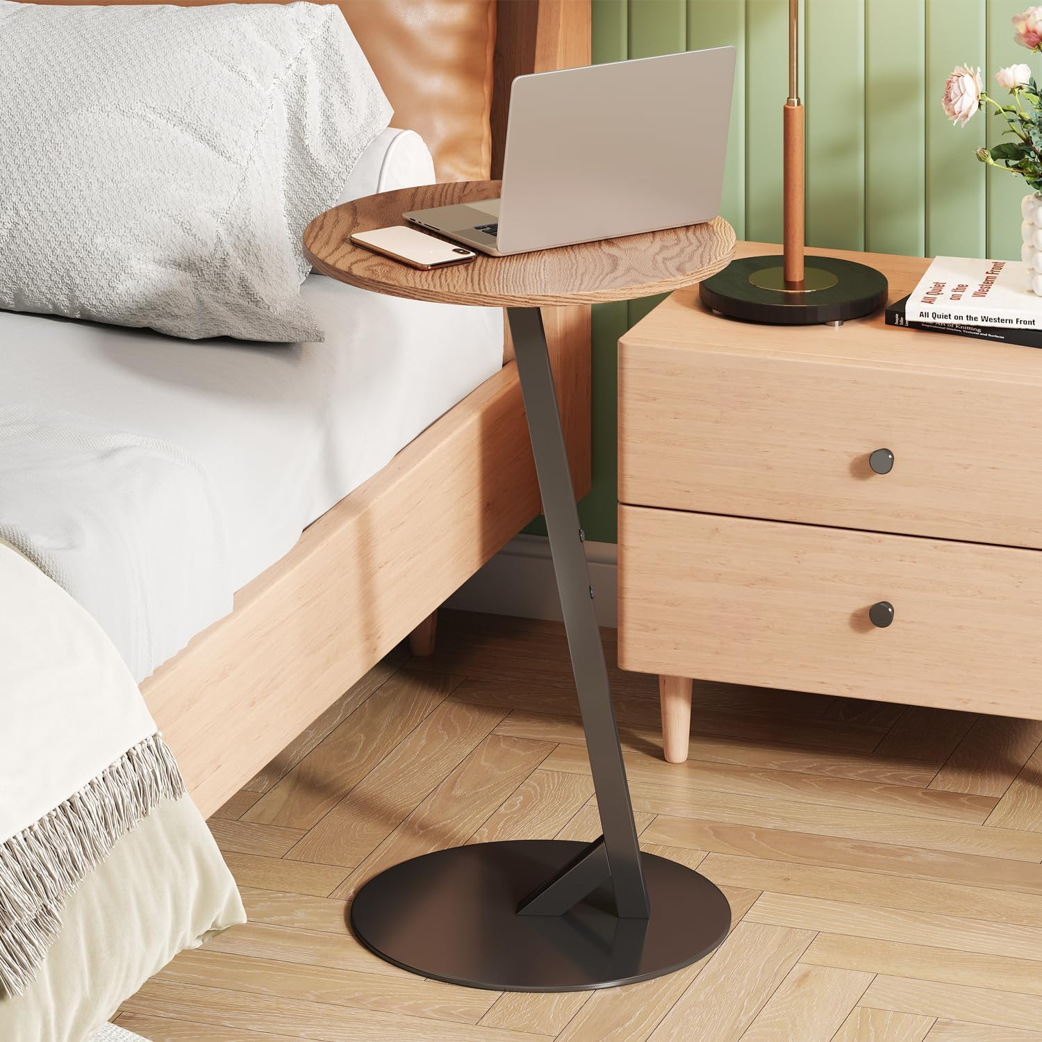 C Shaped Side Table for Couch & Bedside, Small round Sofa Table for Coffee, Snacks, Tablet PC, End Table for Living Room, Bedroom, Small Spaces