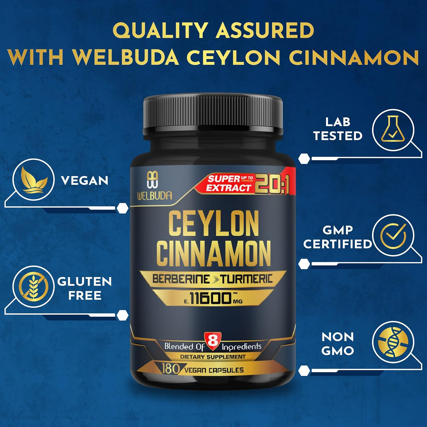 8In1 Ceylon Cinnamon Supplement Extract - 11600Mg Blended from Berberine, Turmeric, Ginger, Gymnema Sylvestre & More - 180 Capsules for 3-Month Supply - Heart Health, Brain, & Immune Support image number 5