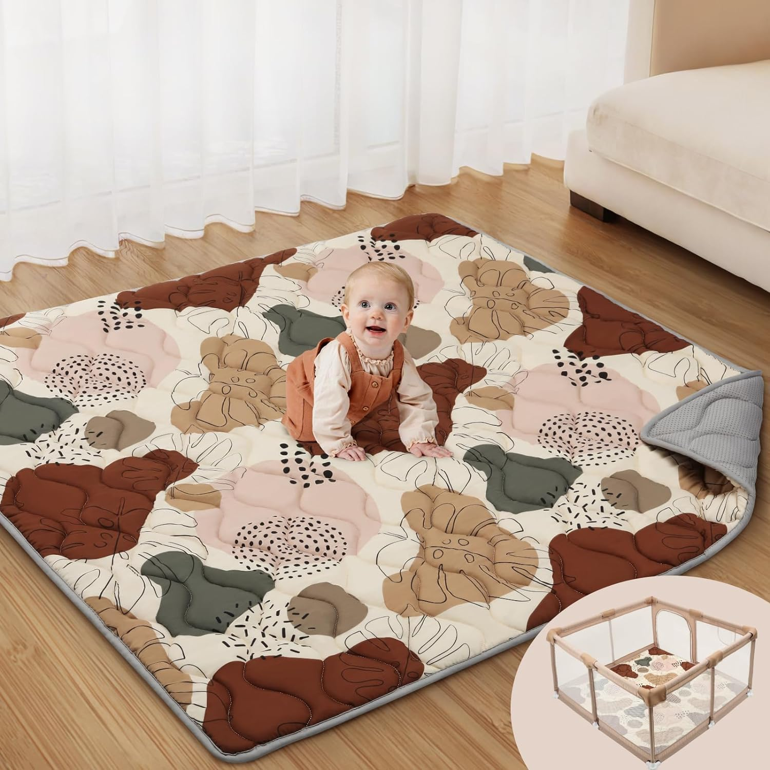 Large Baby Play Mat for Floor, 200&times;180Cm（79X71Inch Play Mats for Playpen, Thicken Soft Padding Foam Playmats for Babies, Foldable Baby，Baby Crawling Mat, Boho Design image number 4