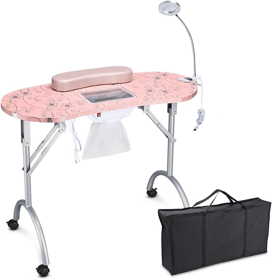 GUDAJIN Portable Manicure Table, Folding Table with Wheels, Beauty Manicure Workstation, Built-In Dust Collector, Nail Lamp, Sponge, Carrying Bag, Suitable for Nail Spa Beauty Salon (Pink)