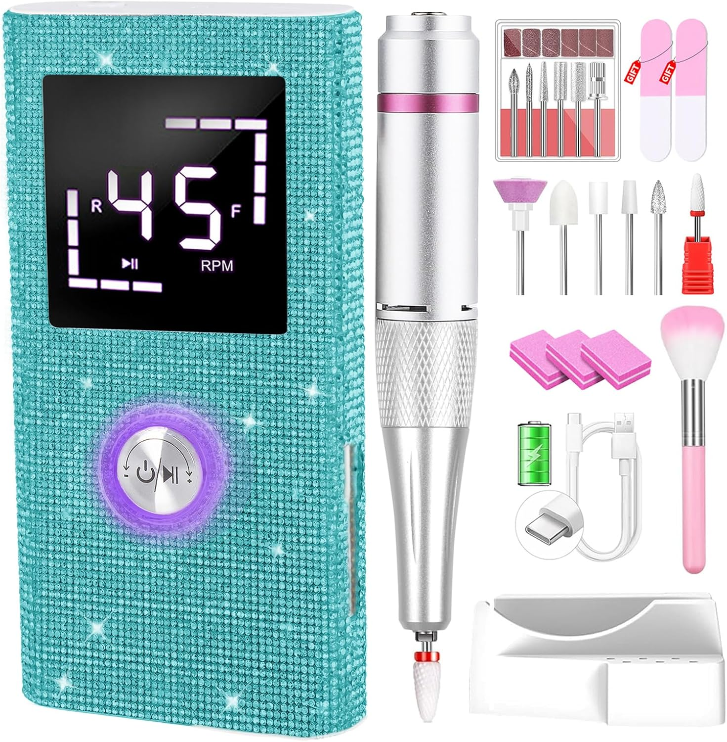 Cozyzen Cordless Electric Nail Drill, 45000 RPM Rechargeable Diamond E-File, Portable & Low Noise for Acrylic/Gel Nails, Manicure & Pedicure - Professional & Home Use