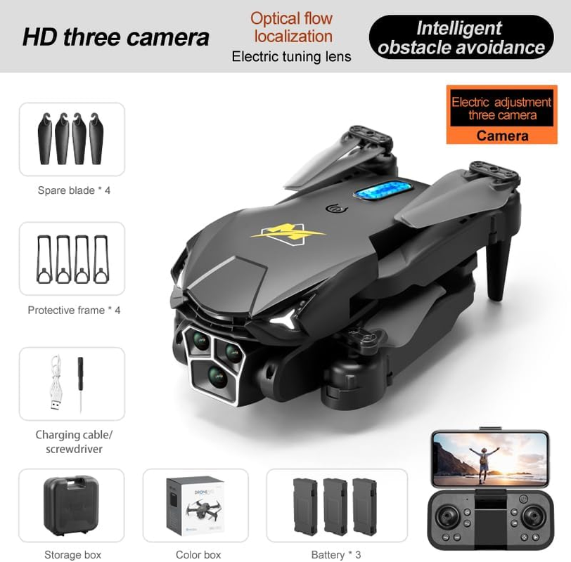 Obstacle Avoidance Optical Flow Location Wifi FPV with 3 HD Camera Altitude Hold Mode Foldable RC Drone Quadcopter with Carry Case & 3 Batteries (Black) - Orange image number 3